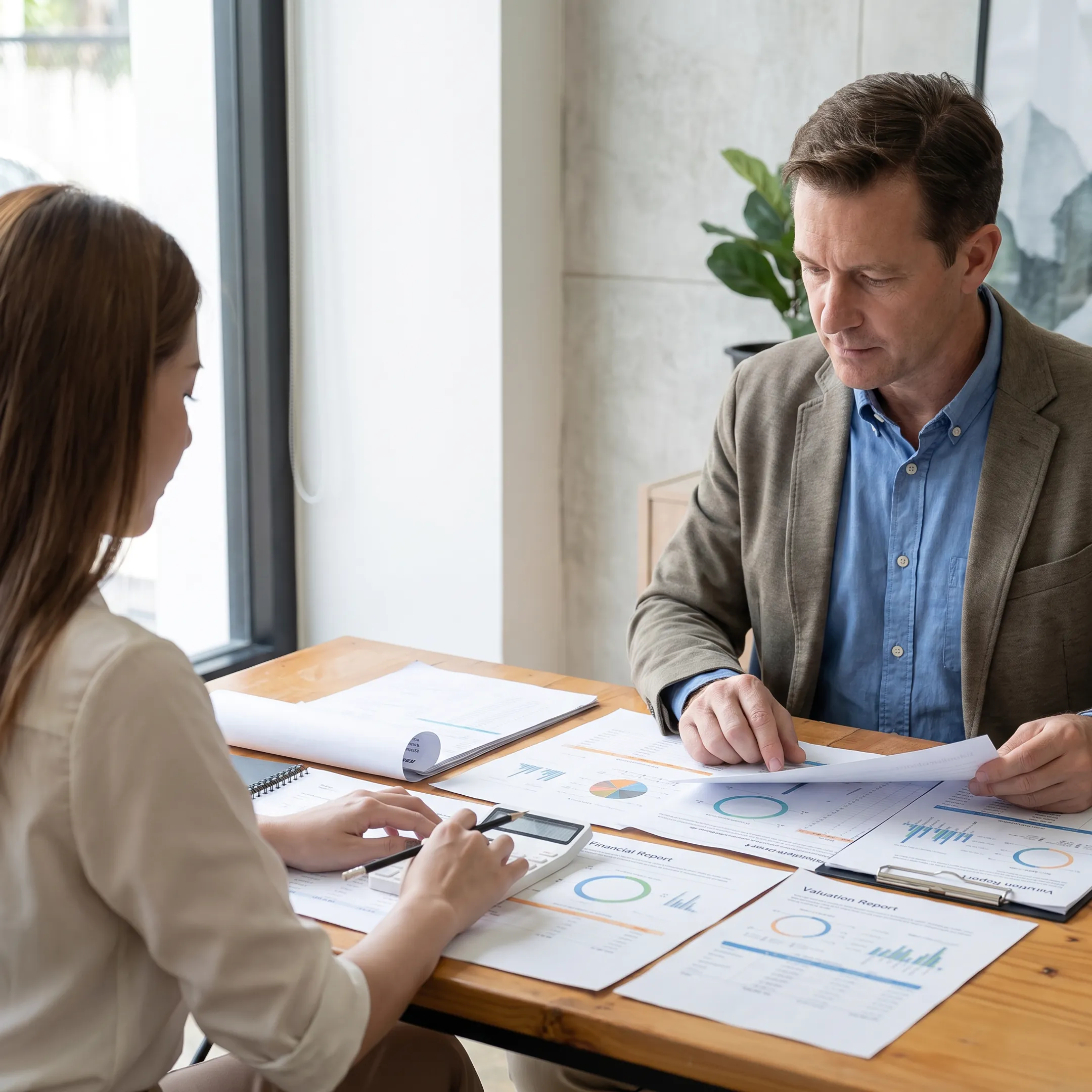 Business valuator reviewing financial documents with a business owner
