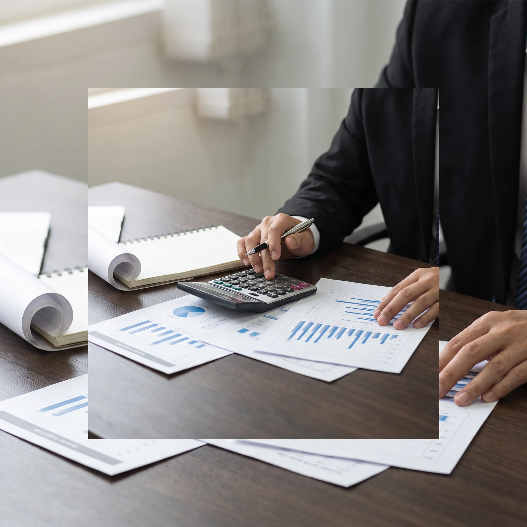 Business valuation report beside financial records and calculator