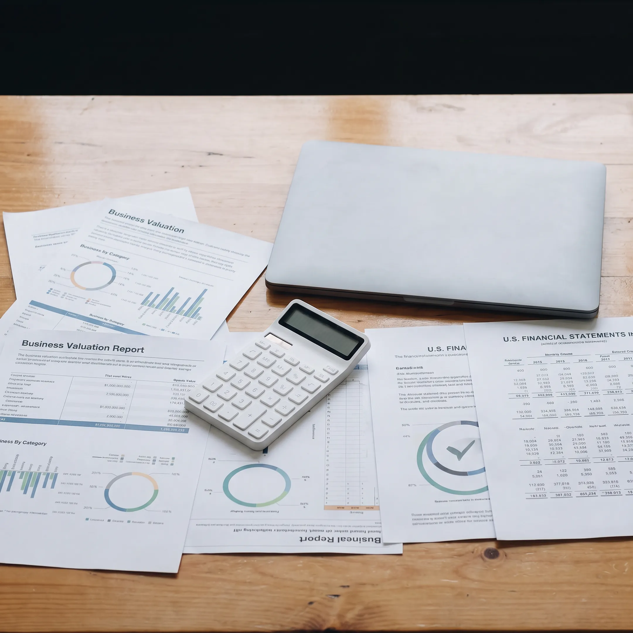 Business valuation documents and calculator beside a laptop