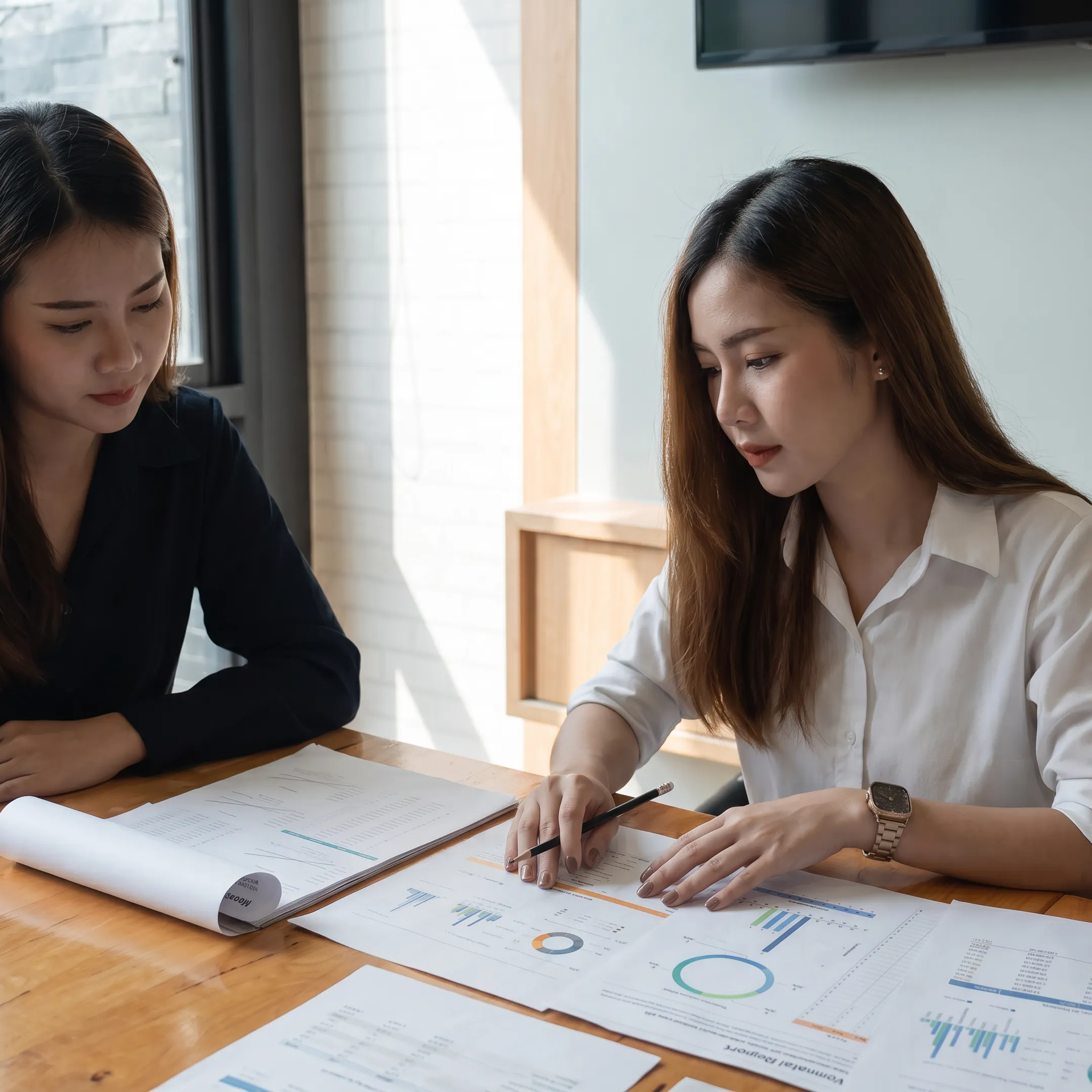Business valuation professional reviewing financial documents with a business owner