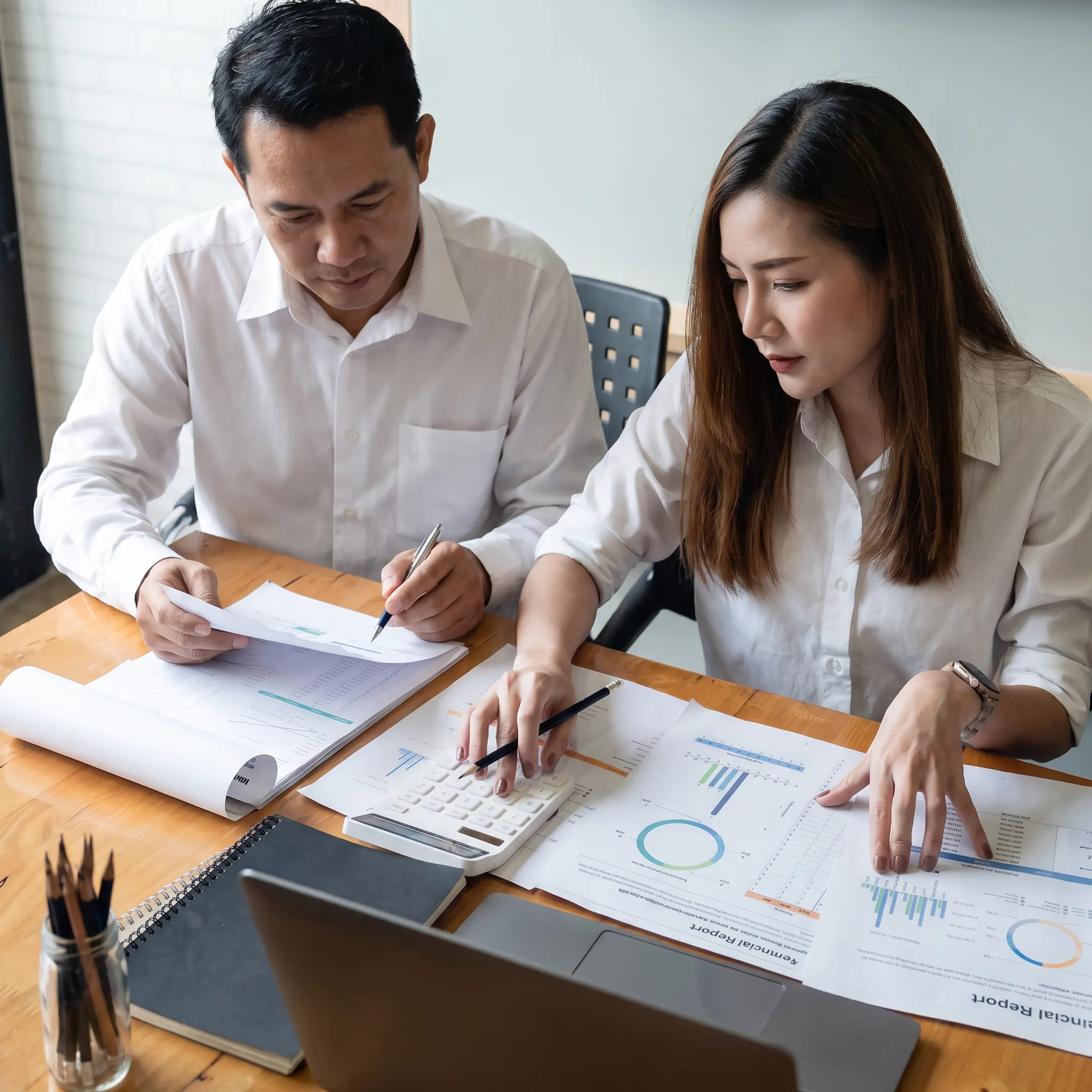 Business valuation professional reviewing financial documents with a business owner