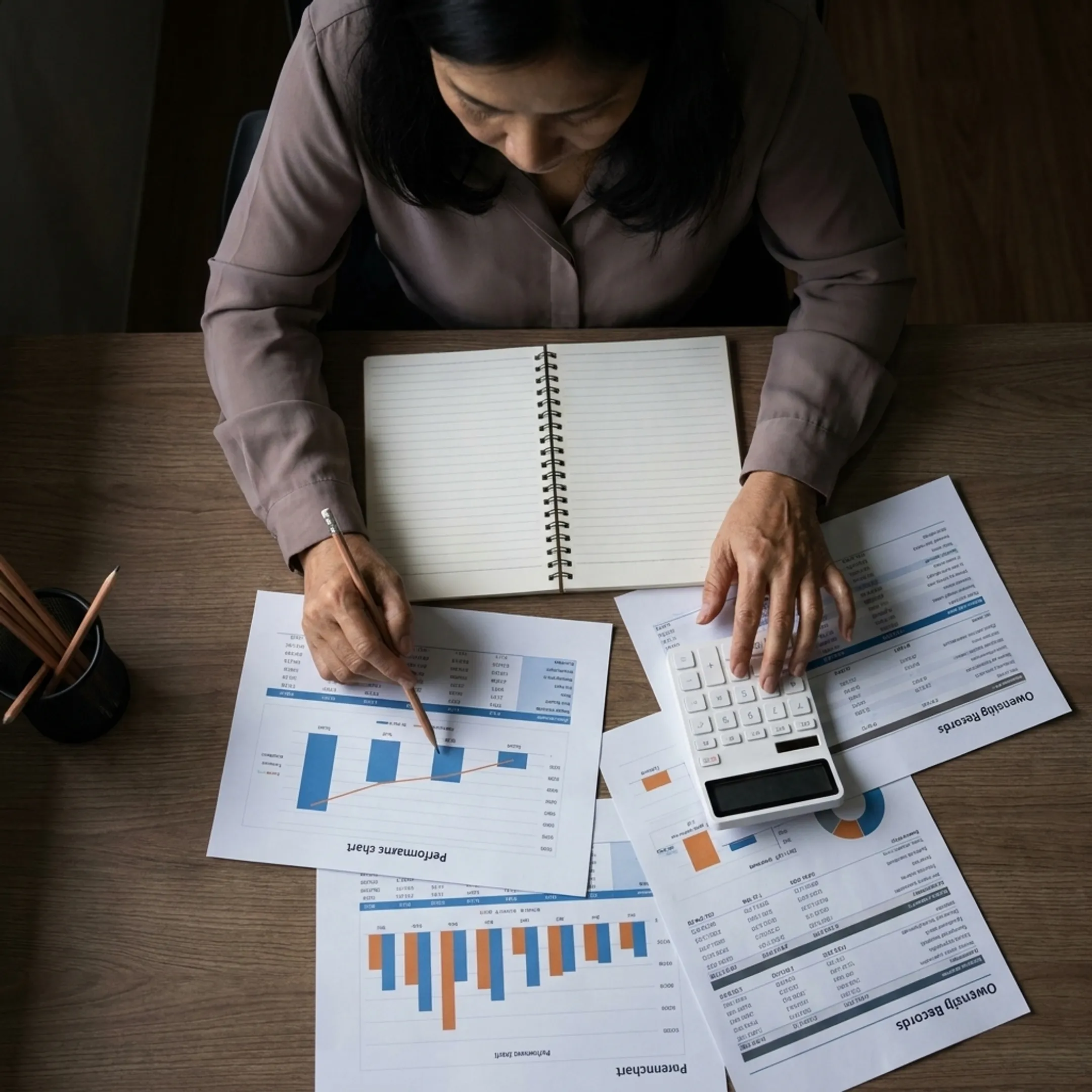 Business valuation analyst examining financial records and valuation charts
