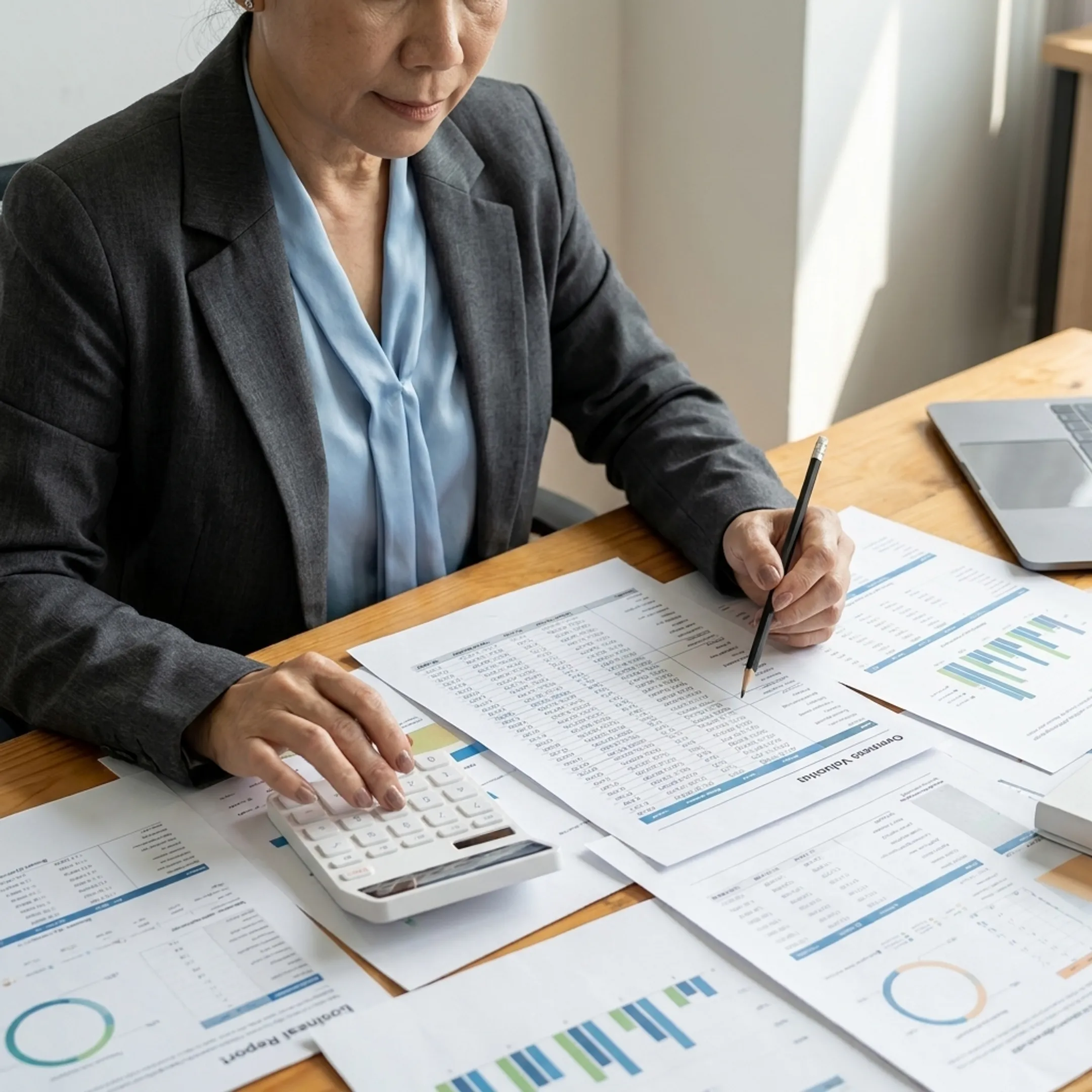 Consultant analyzing business valuation data and financial records
