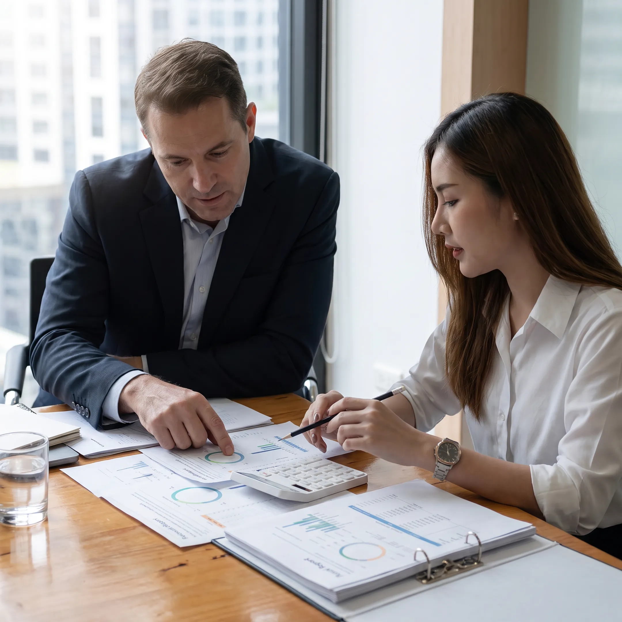 Business valuation consultant reviewing financial documents with a business owner