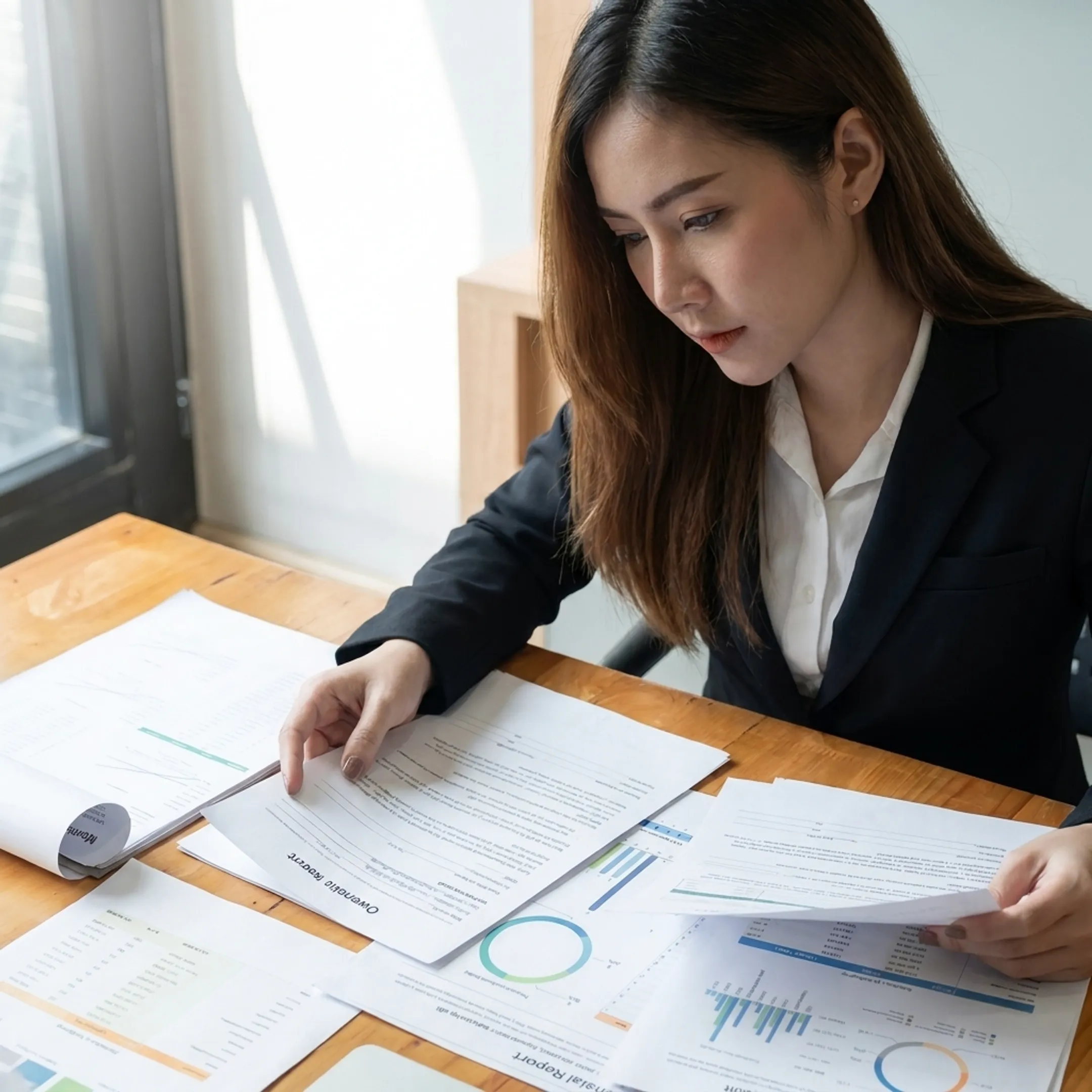 Valuation professional analyzing business financial data and ownership records