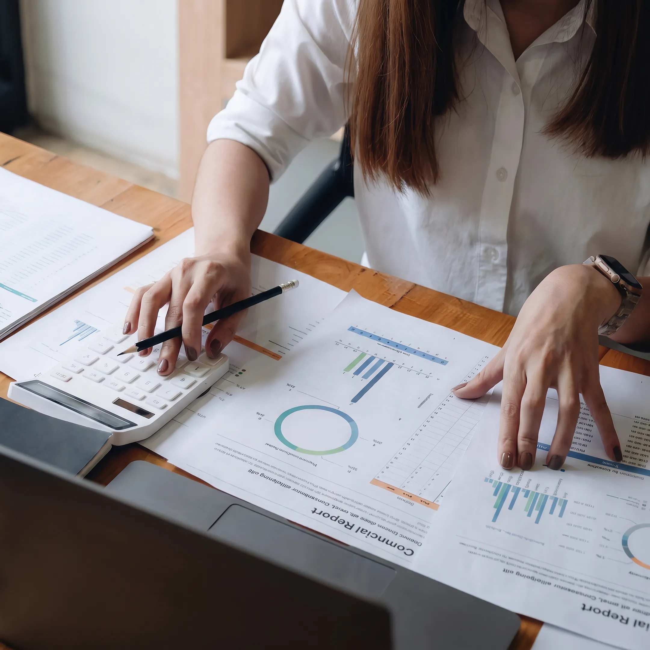 Business valuation analyst examining financial charts and company records