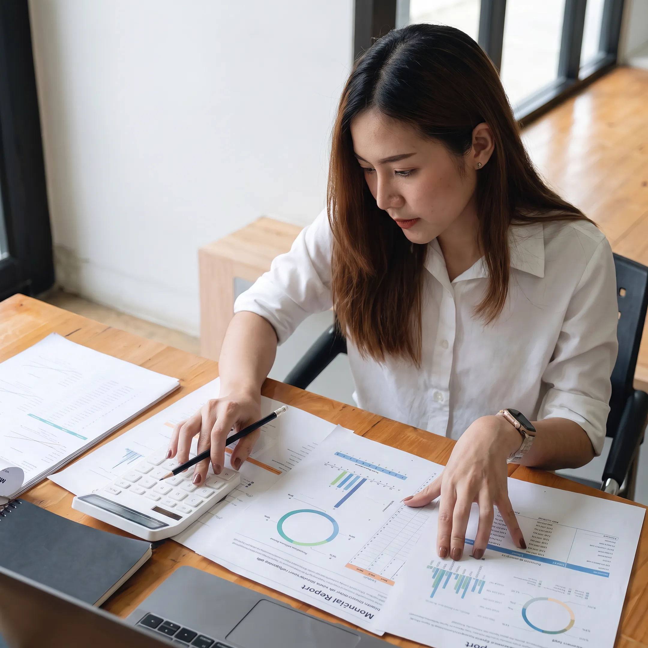 Valuation professional reviewing business financial documents at a desk