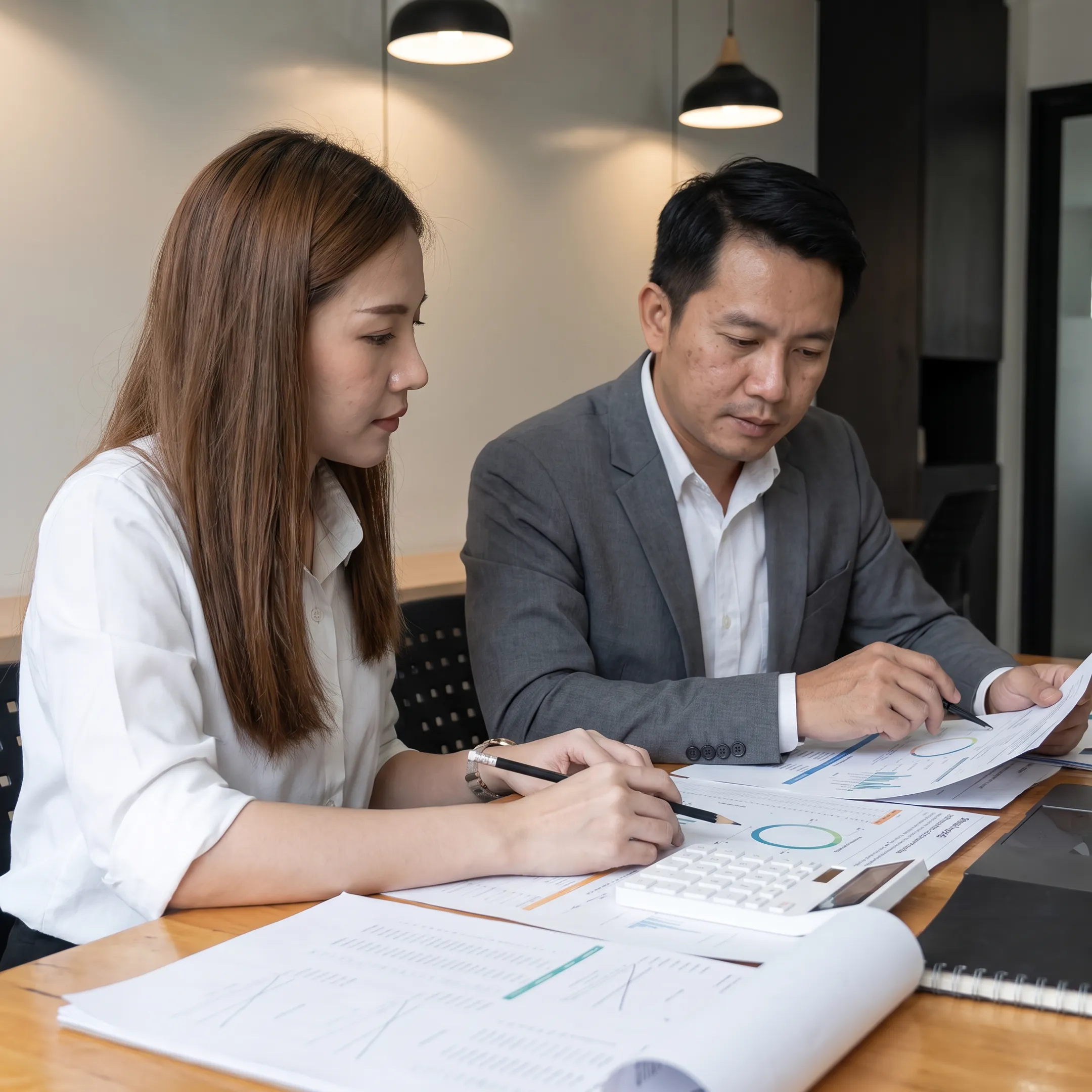 Valuation consultant reviewing business financial documents with a client