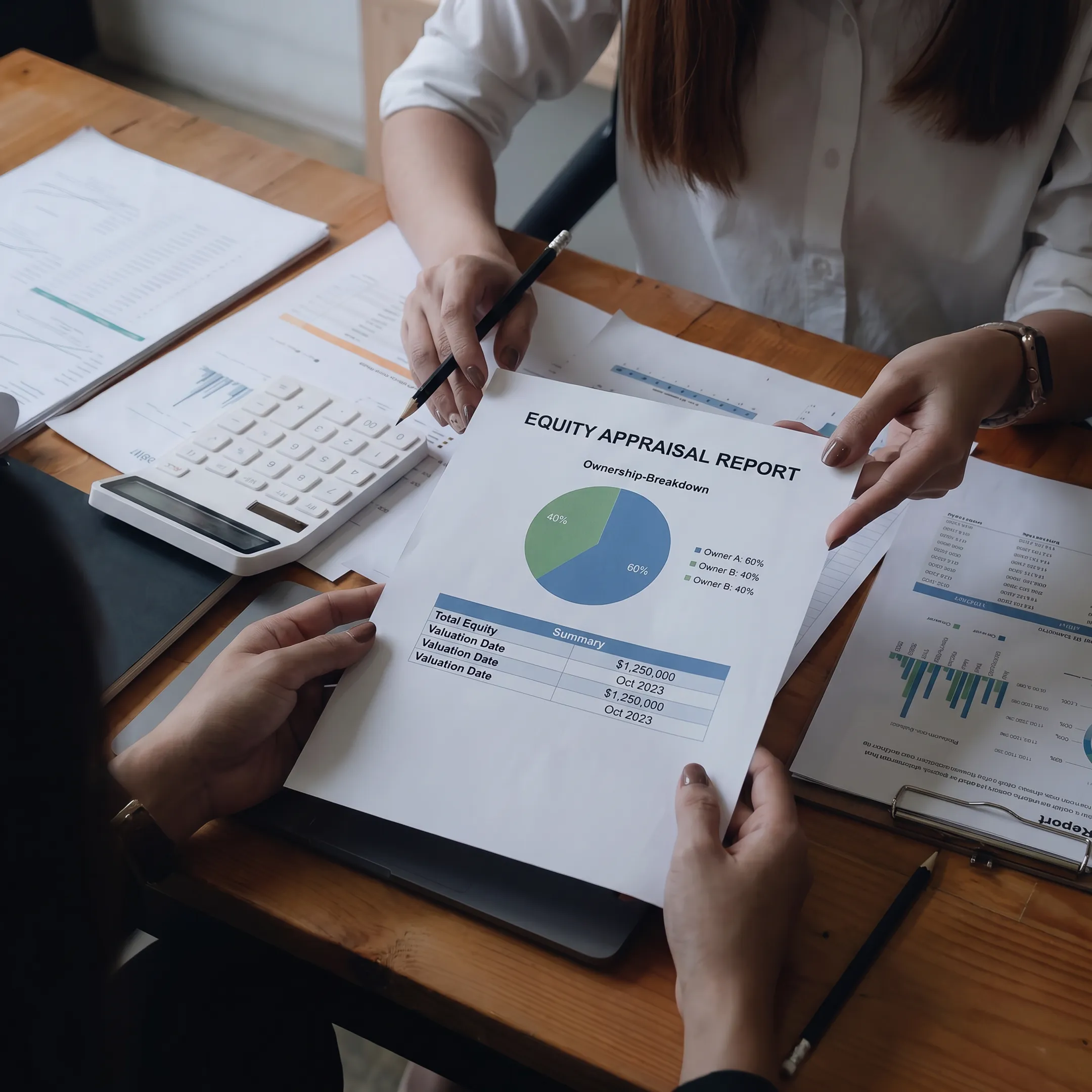Valuator explaining an equity appraisal report to business owners