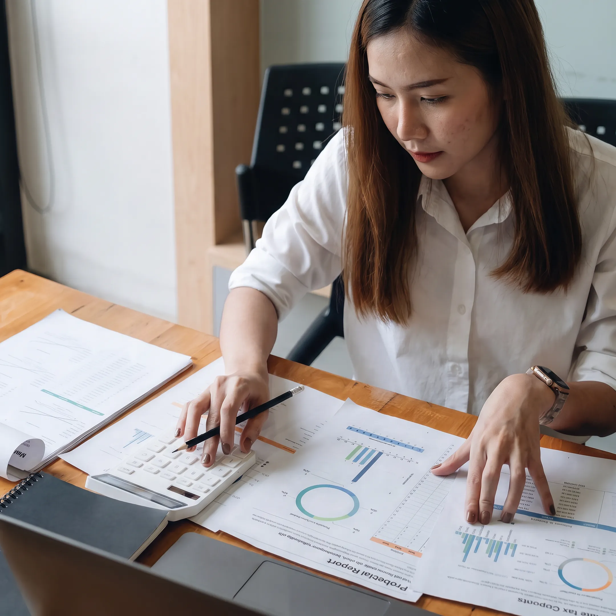 Valuation professional reviewing probate documents and business financial records at a desk