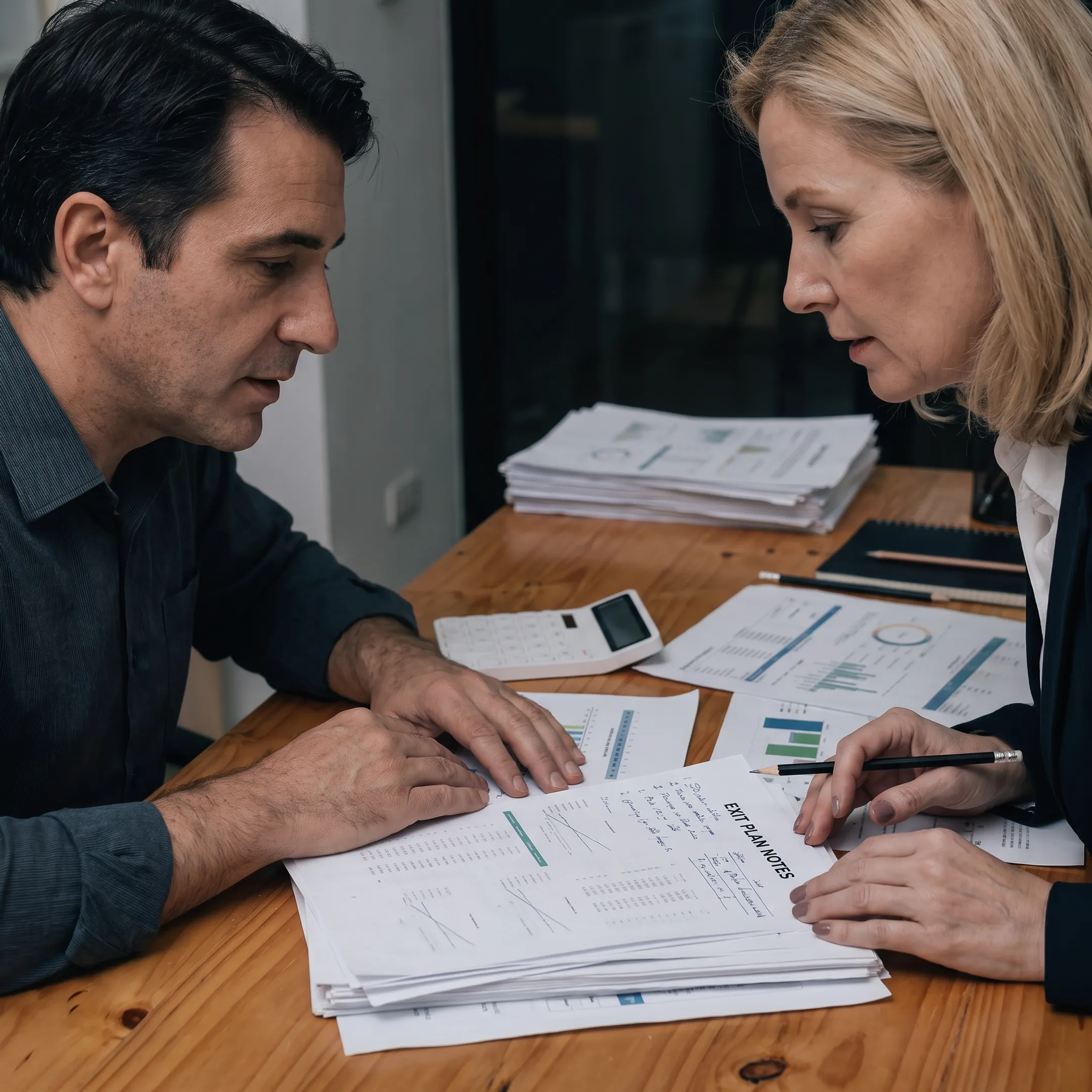 Advisor reviewing business valuation documents with an owner during an exit planning consultation