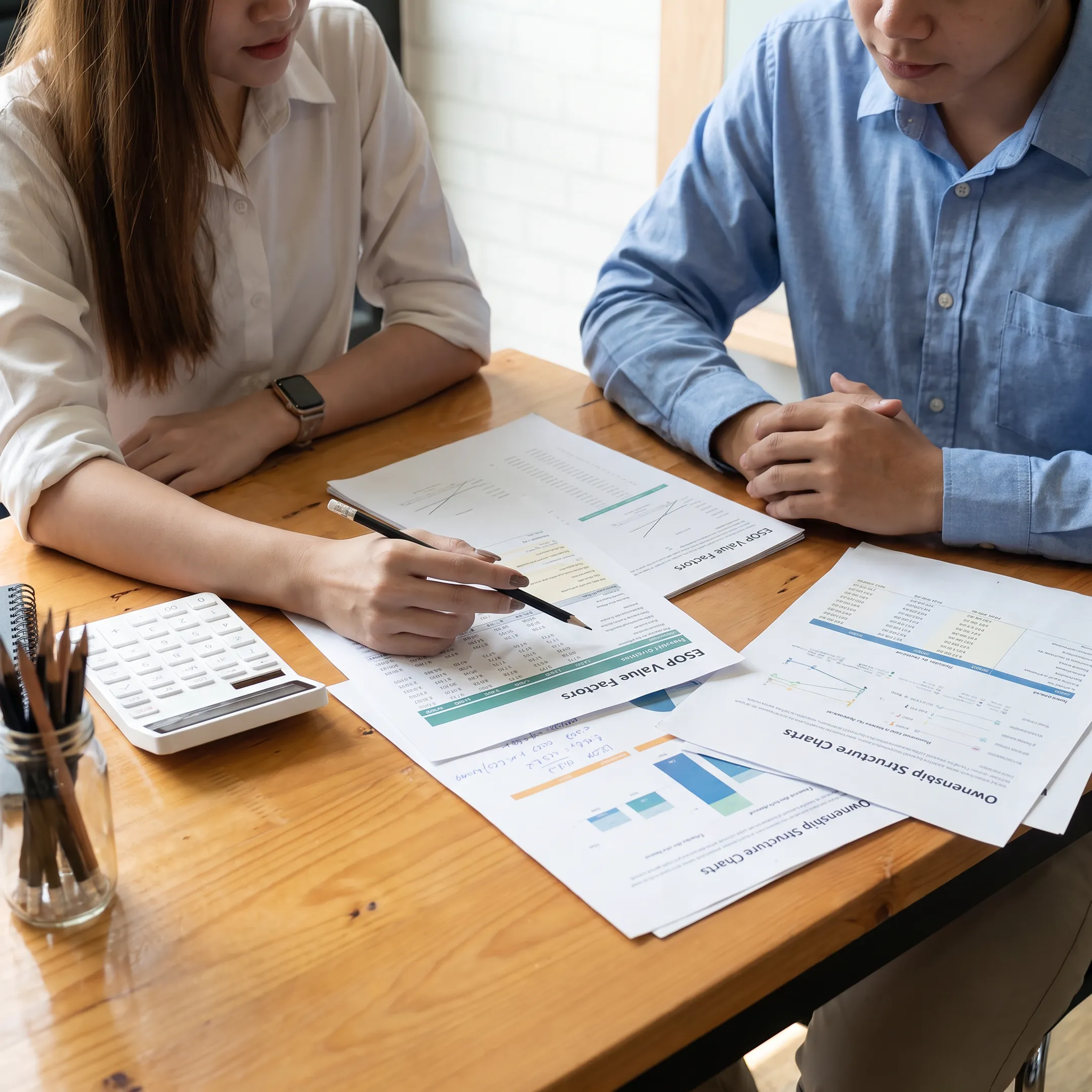Valuation professional explaining ESOP value factors on a financial report