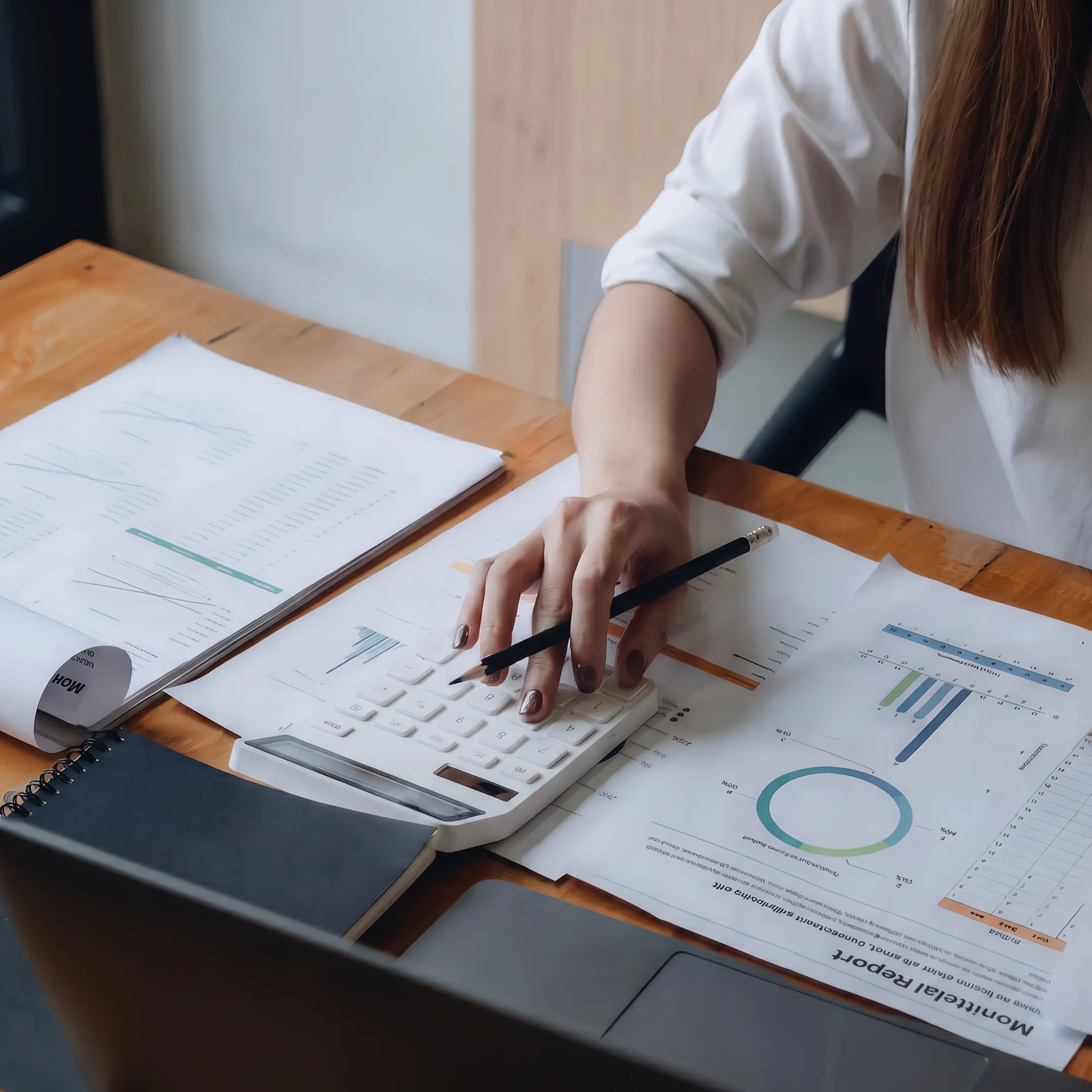 Advisor reviewing ESOP valuation calculations with business documents and financial charts