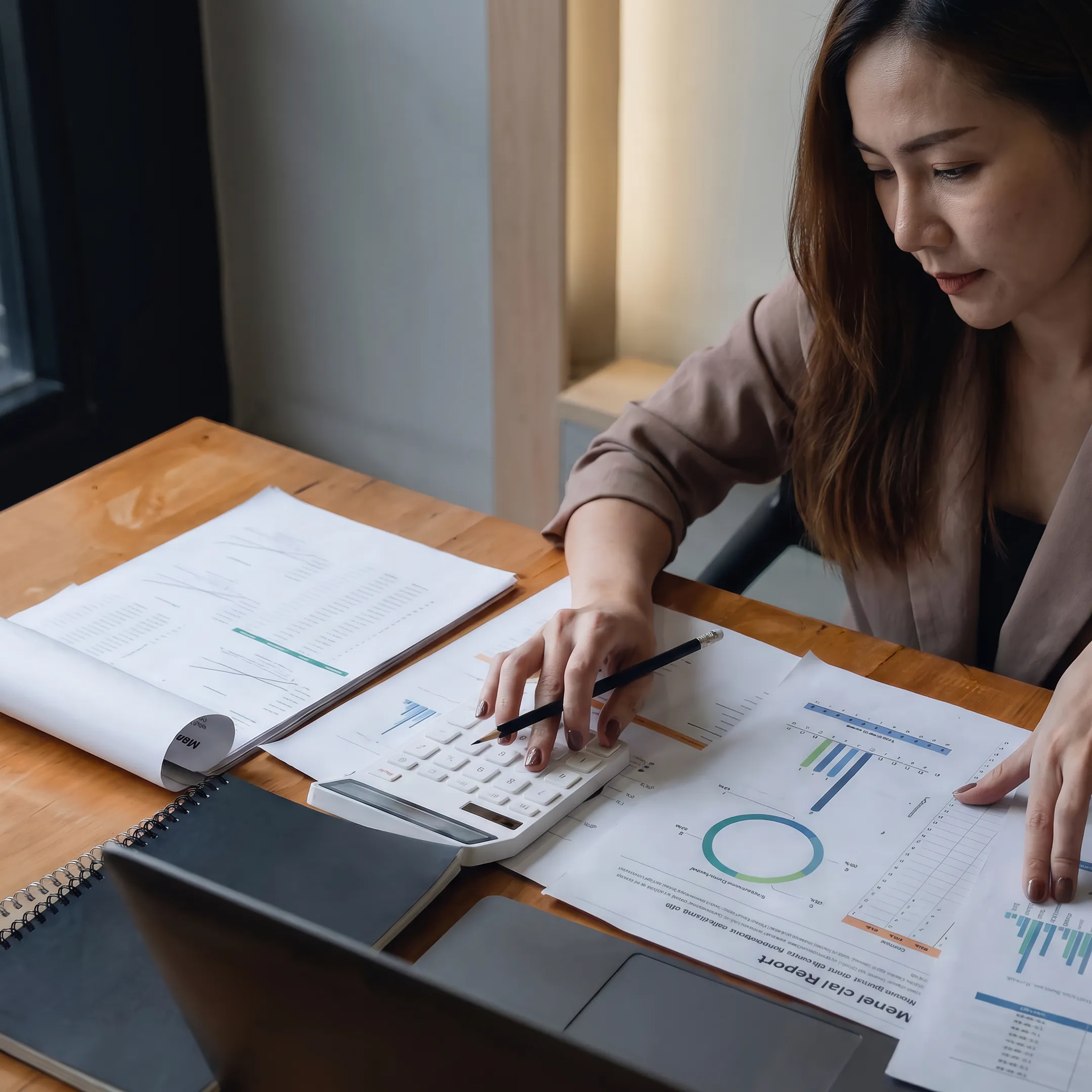 Valuator reviewing financial reports and valuation analysis for a financial services company