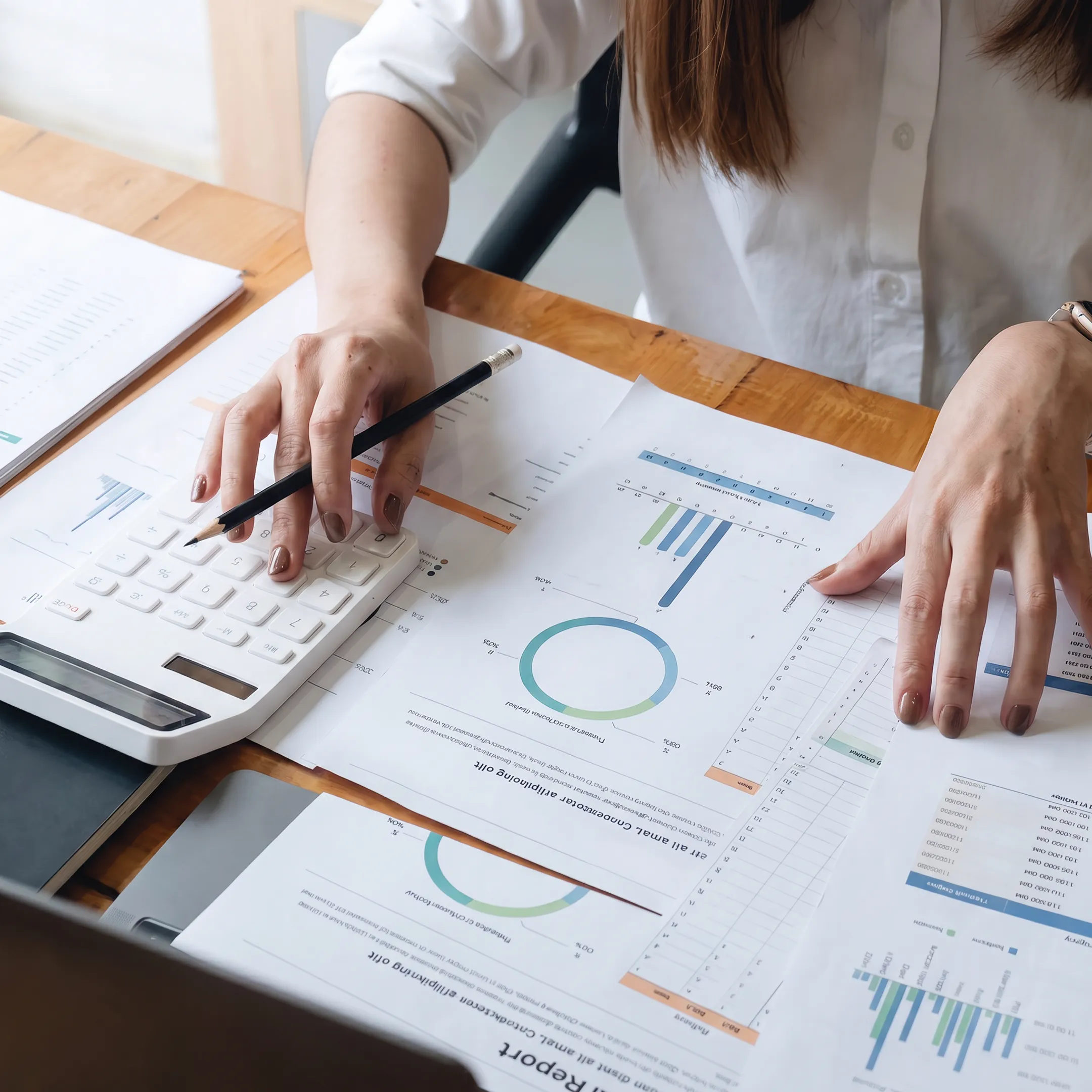 Valuator reviewing financial documents and business valuation analysis at a desk
