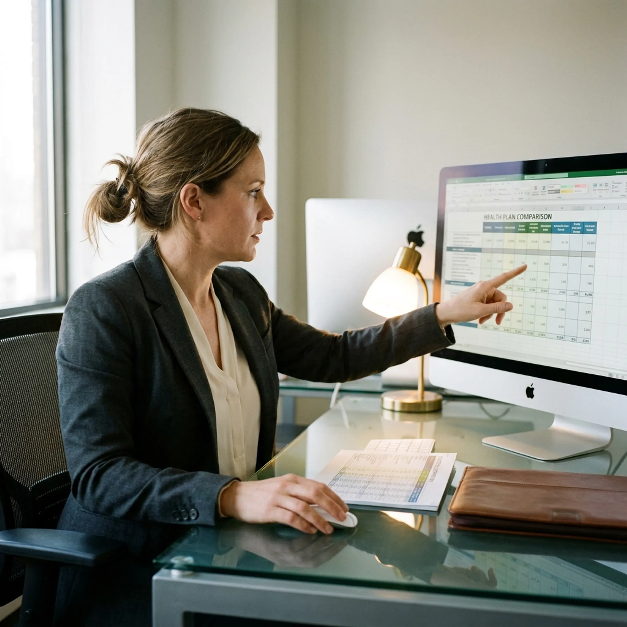 Independent health insurance specialist comparing multiple policy options on computer screen