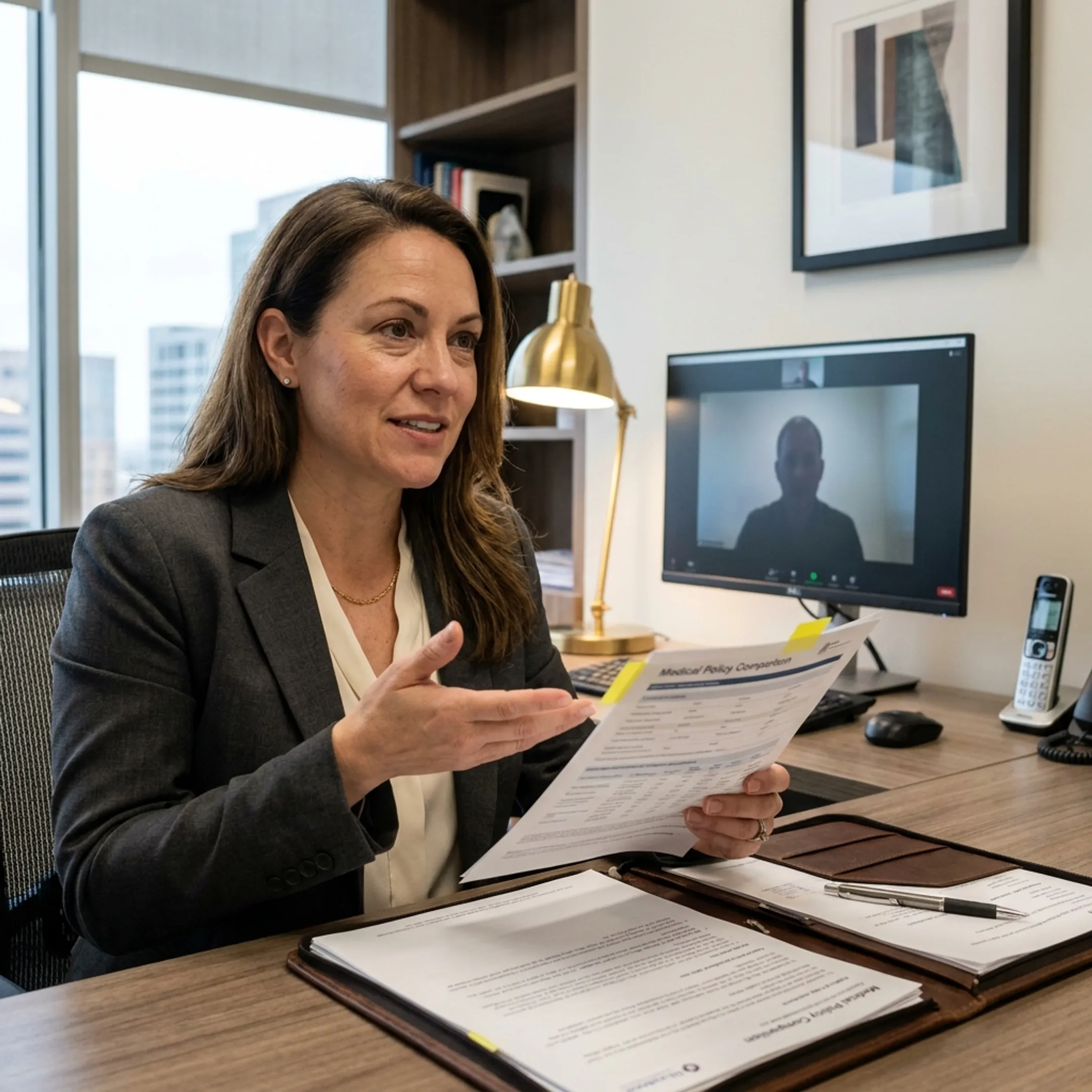 Independent health insurance broker reviewing private medical policy details with a client online