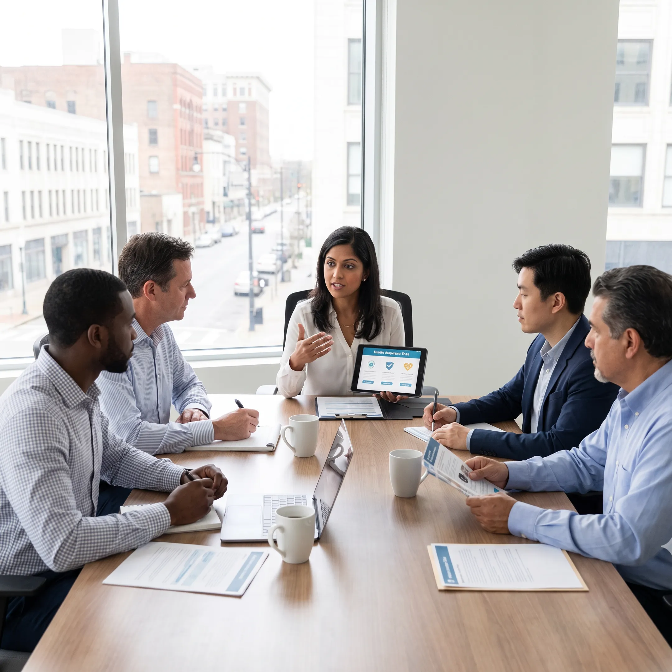 Insurance advisor explaining health plan details to a small business owner