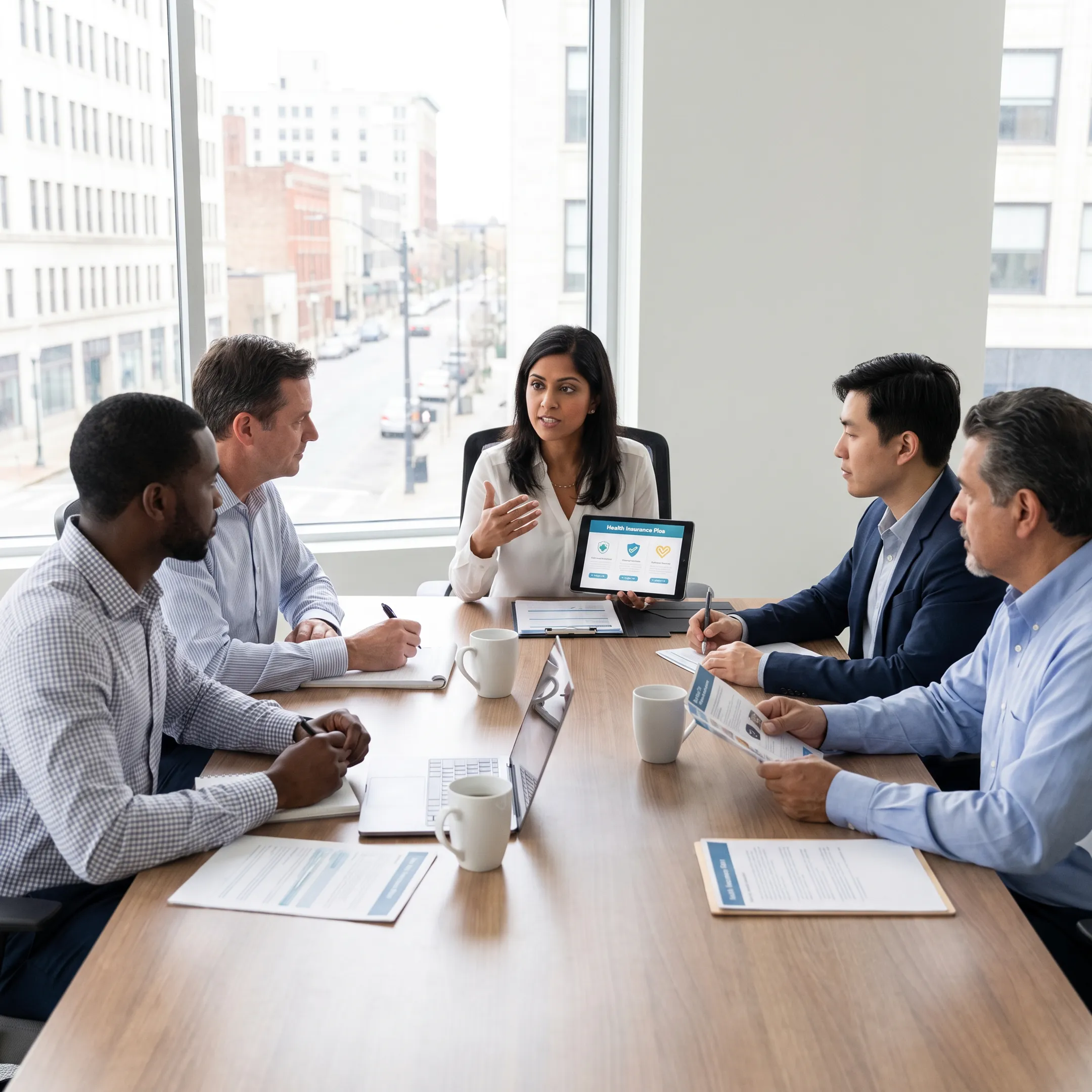 Healthcare broker explaining policy comparison documents during consultation