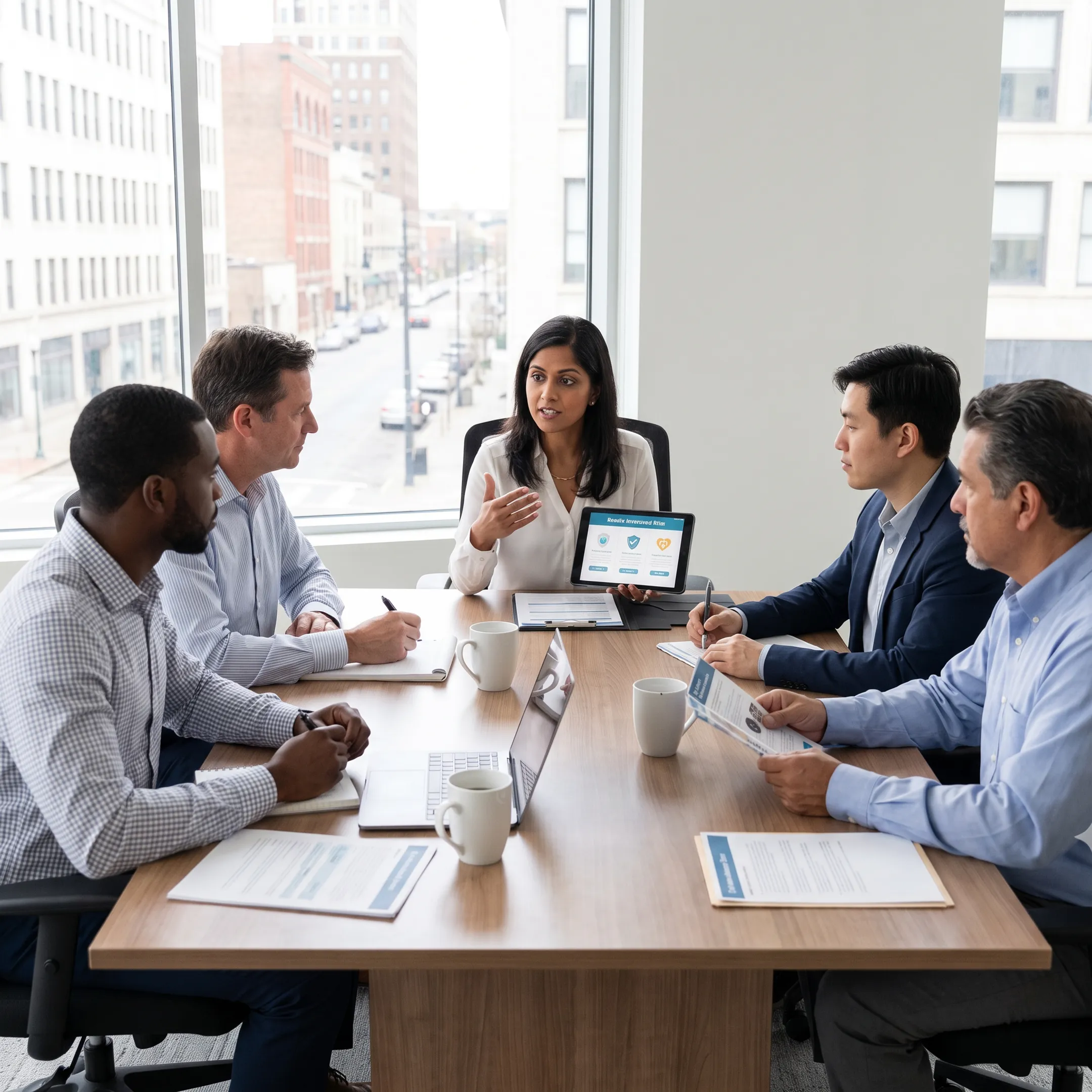 Independent health insurance broker reviewing plan comparison documents with a business owner