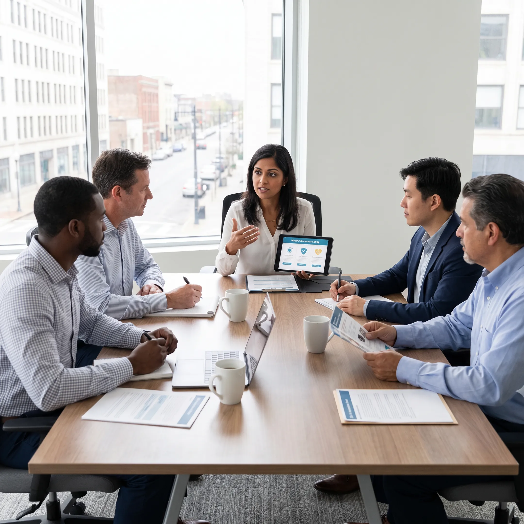 Insurance advisor guiding a client through health plan comparison steps