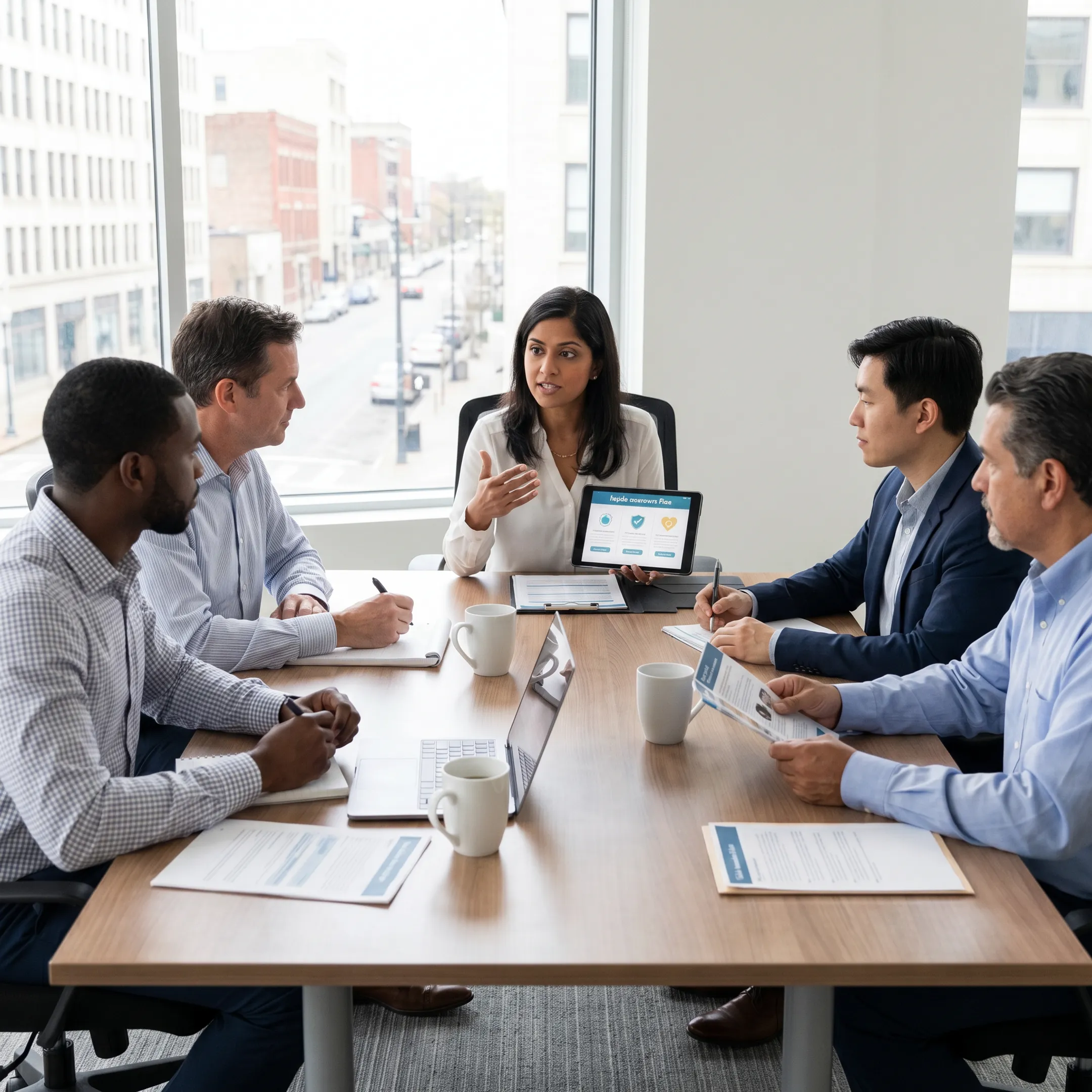 Insurance advisor explaining healthcare cost factors to business managers