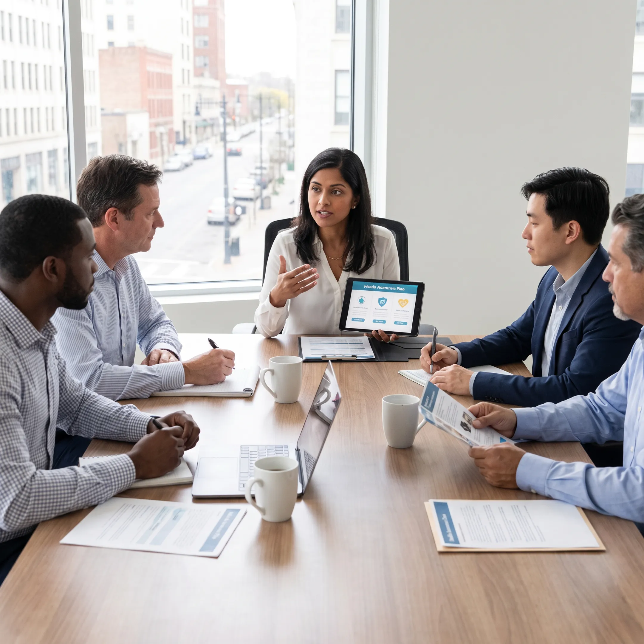 Health insurance broker advising client on group benefits