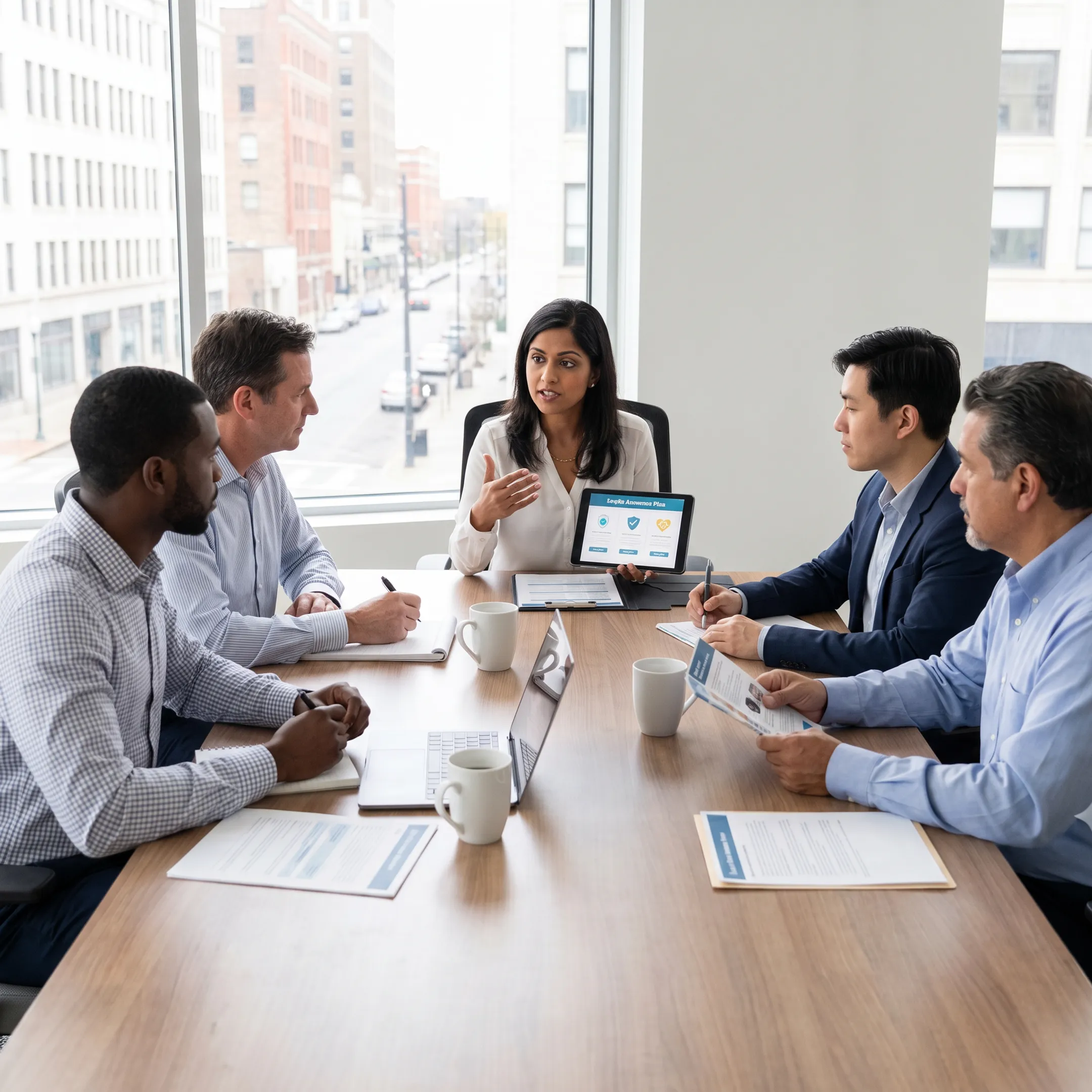 Business team reviewing employee health plan cost options with an independent broker