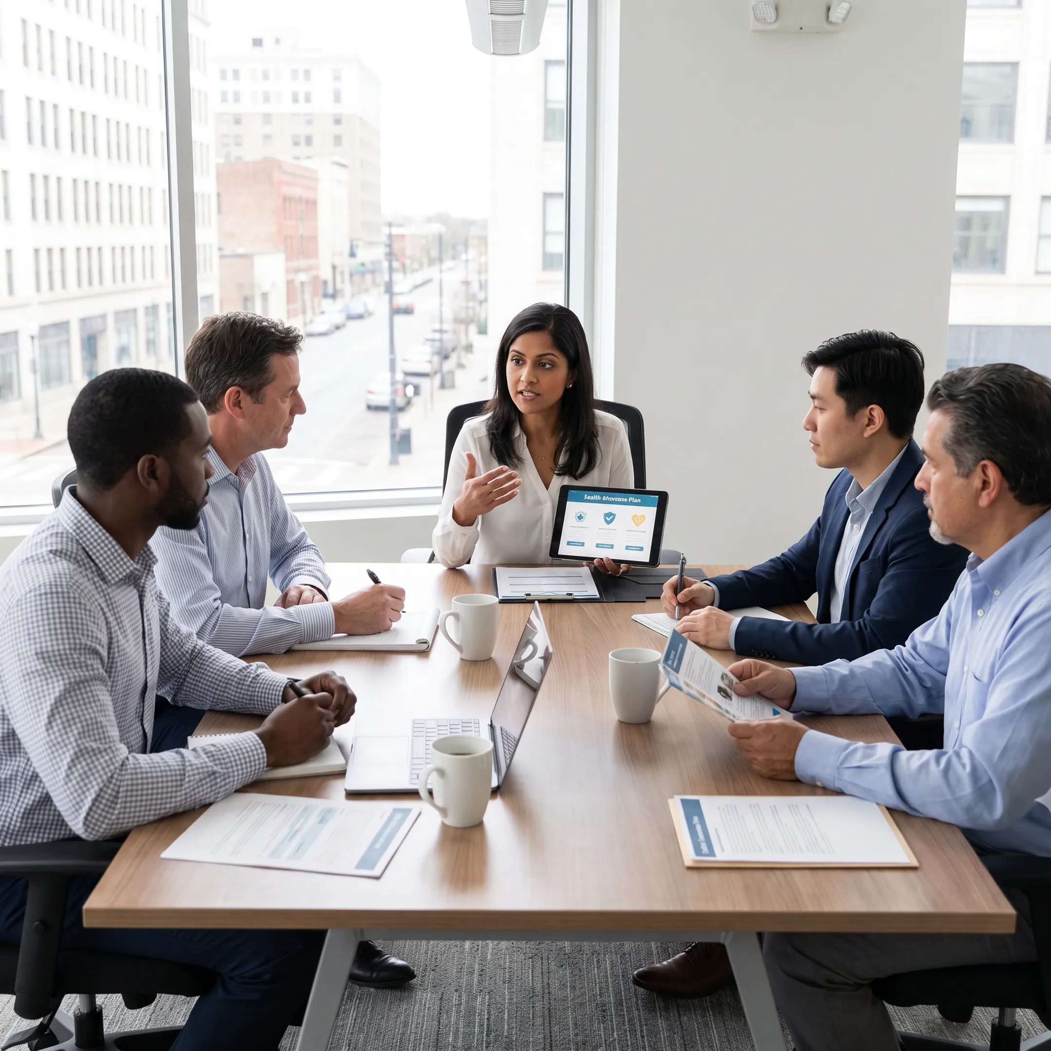 Family members discussing private medical insurance options with an independent healthcare broker