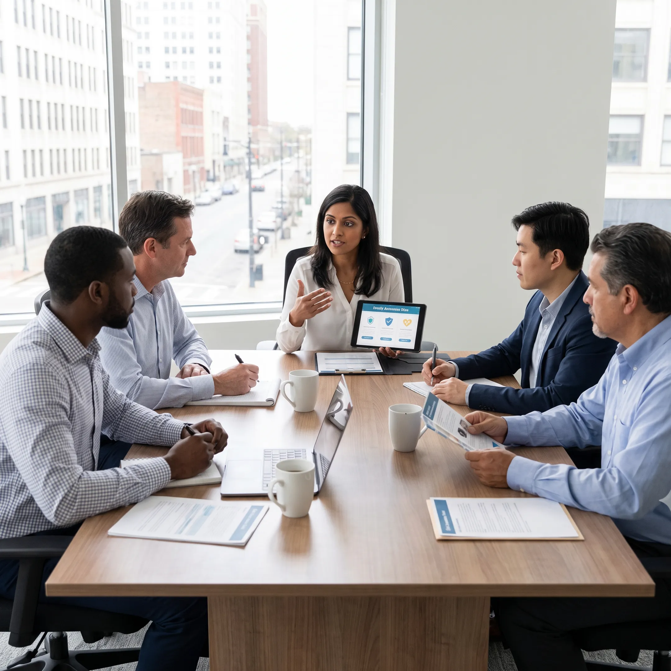 Nurse consulting with an insurance broker over healthcare coverage