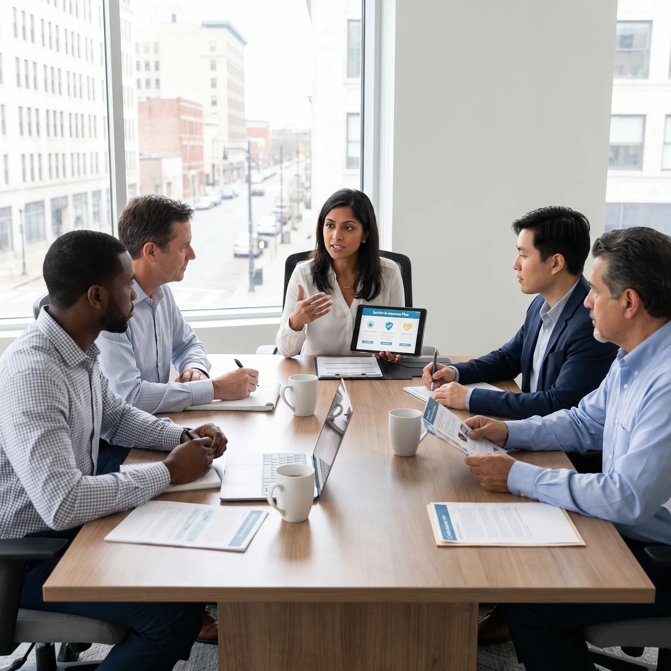 Team of employees reviewing company health insurance benefit summary materials