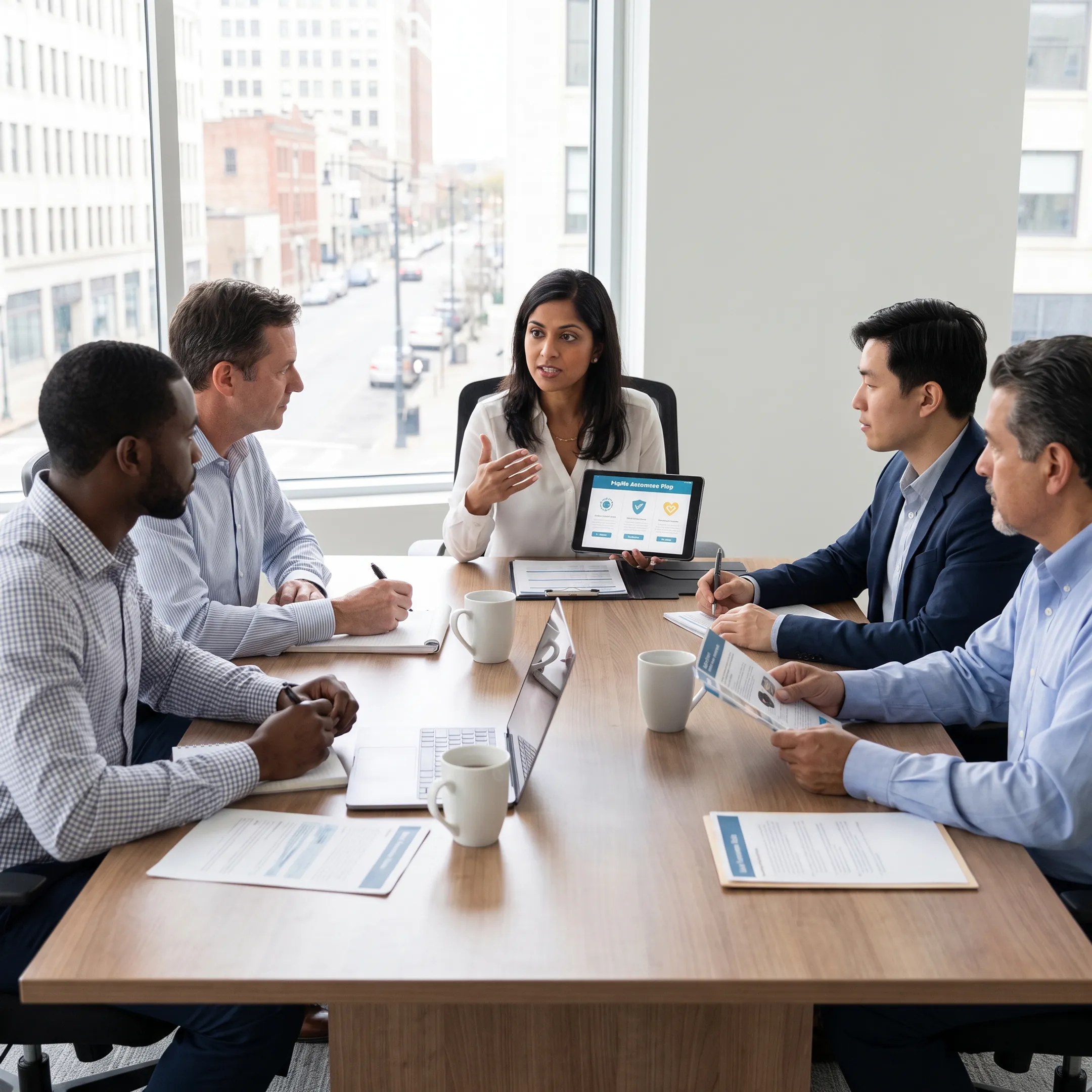 Insurance advisor explaining health policy choices and network benefits to a client