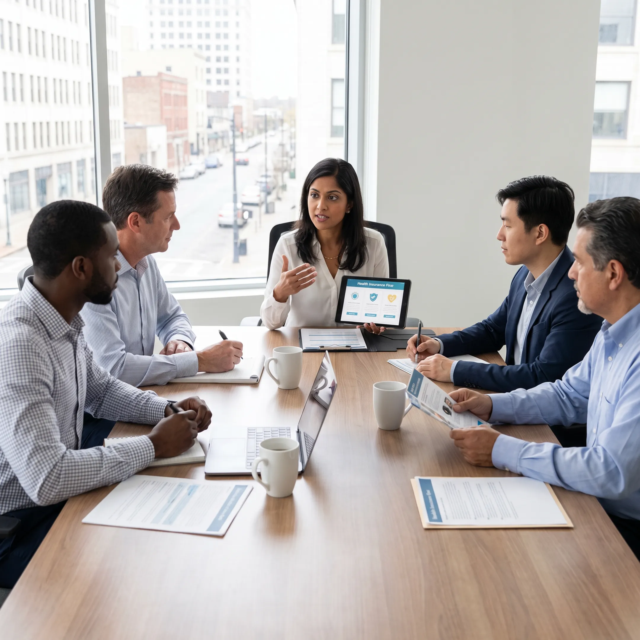 Healthcare broker presenting group benefit plan options to Houston business leaders