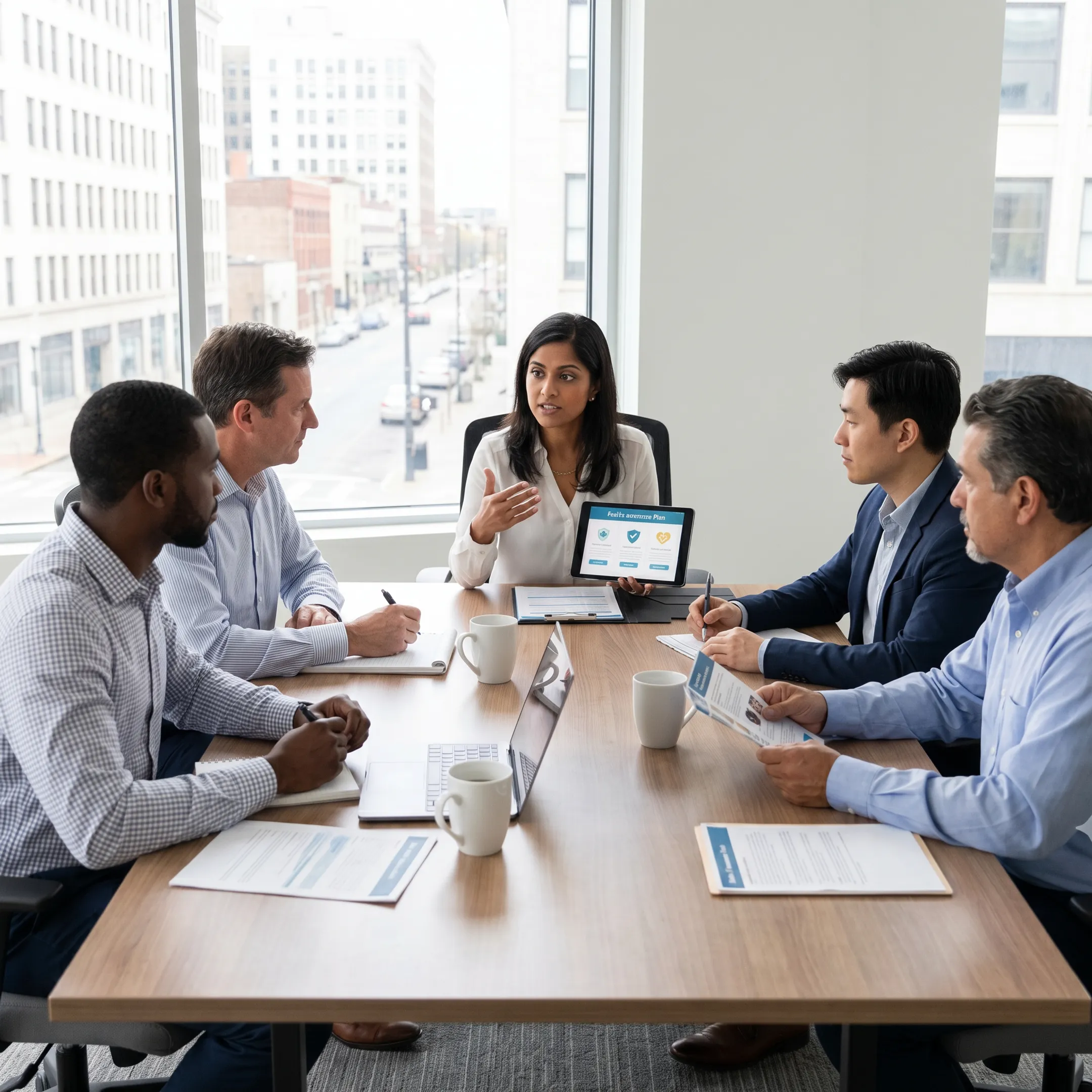 Insurance advisor explaining health benefit comparison options to a business team