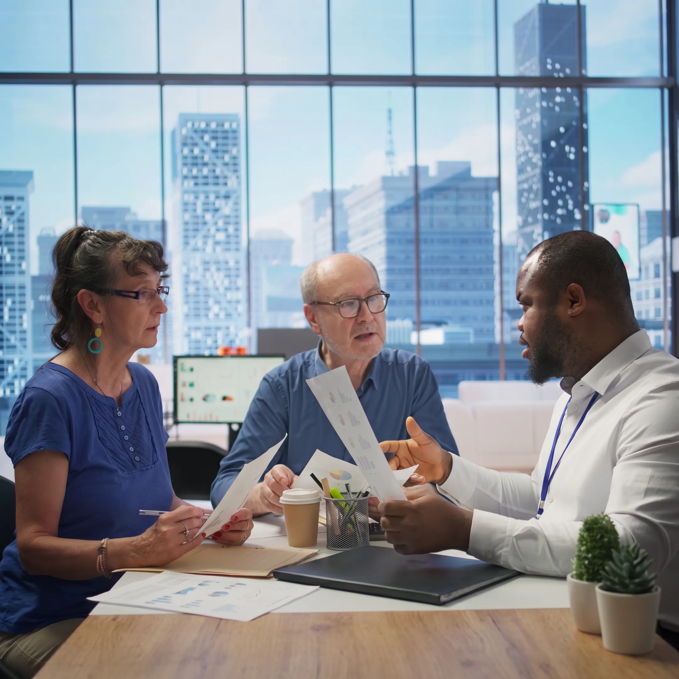 Family reviewing health insurance managed care plan options with an independent broker