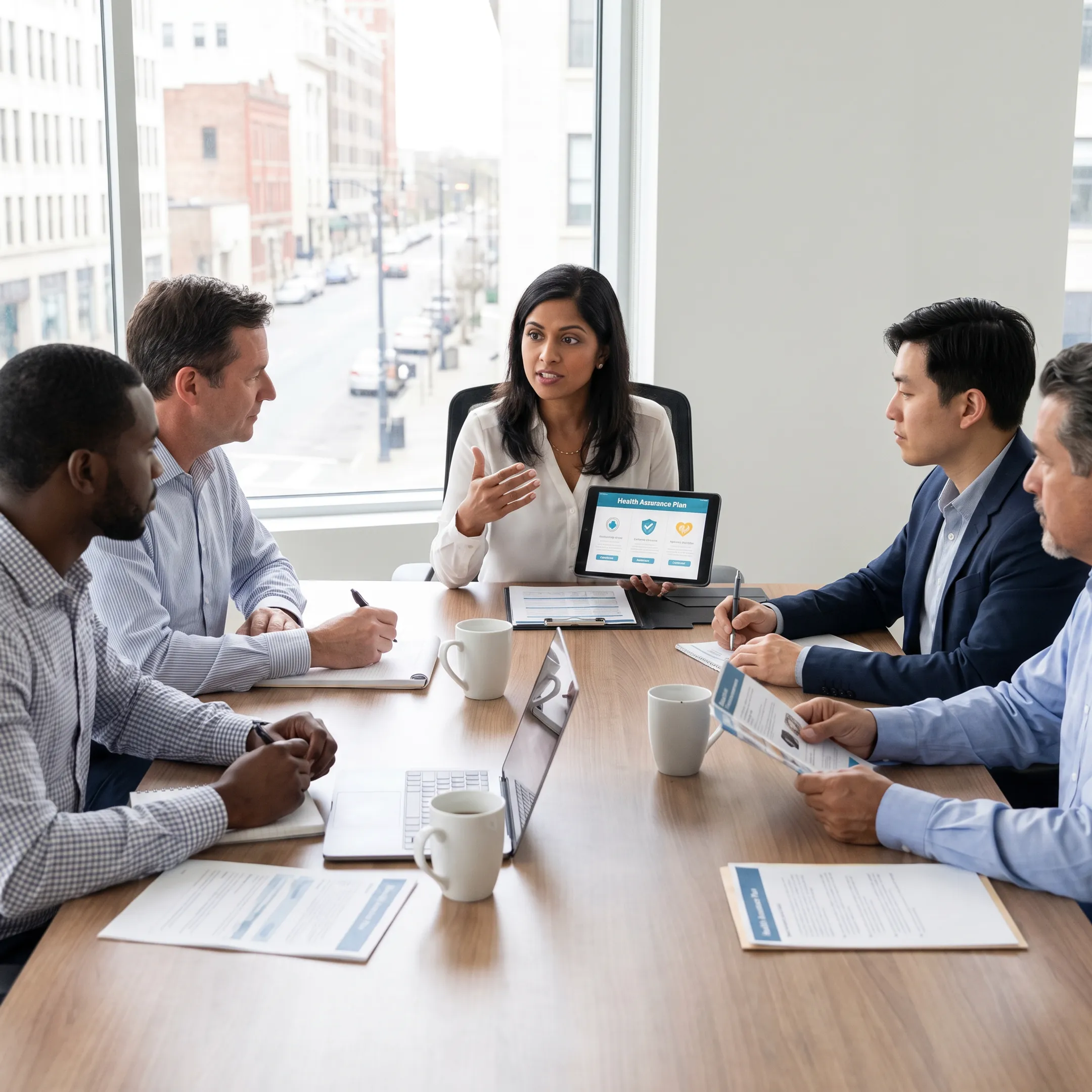 Business owner reviewing health insurance plan options with an advisor