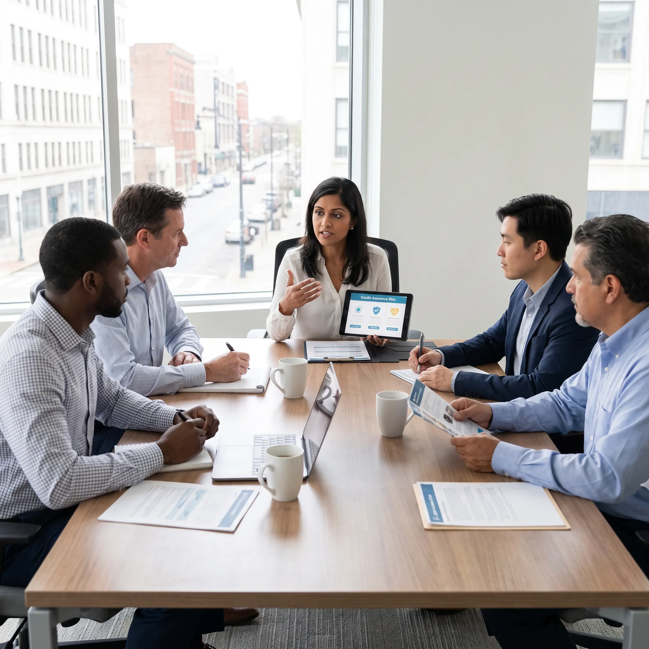Independent insurance broker explaining health coverage plan options to a client