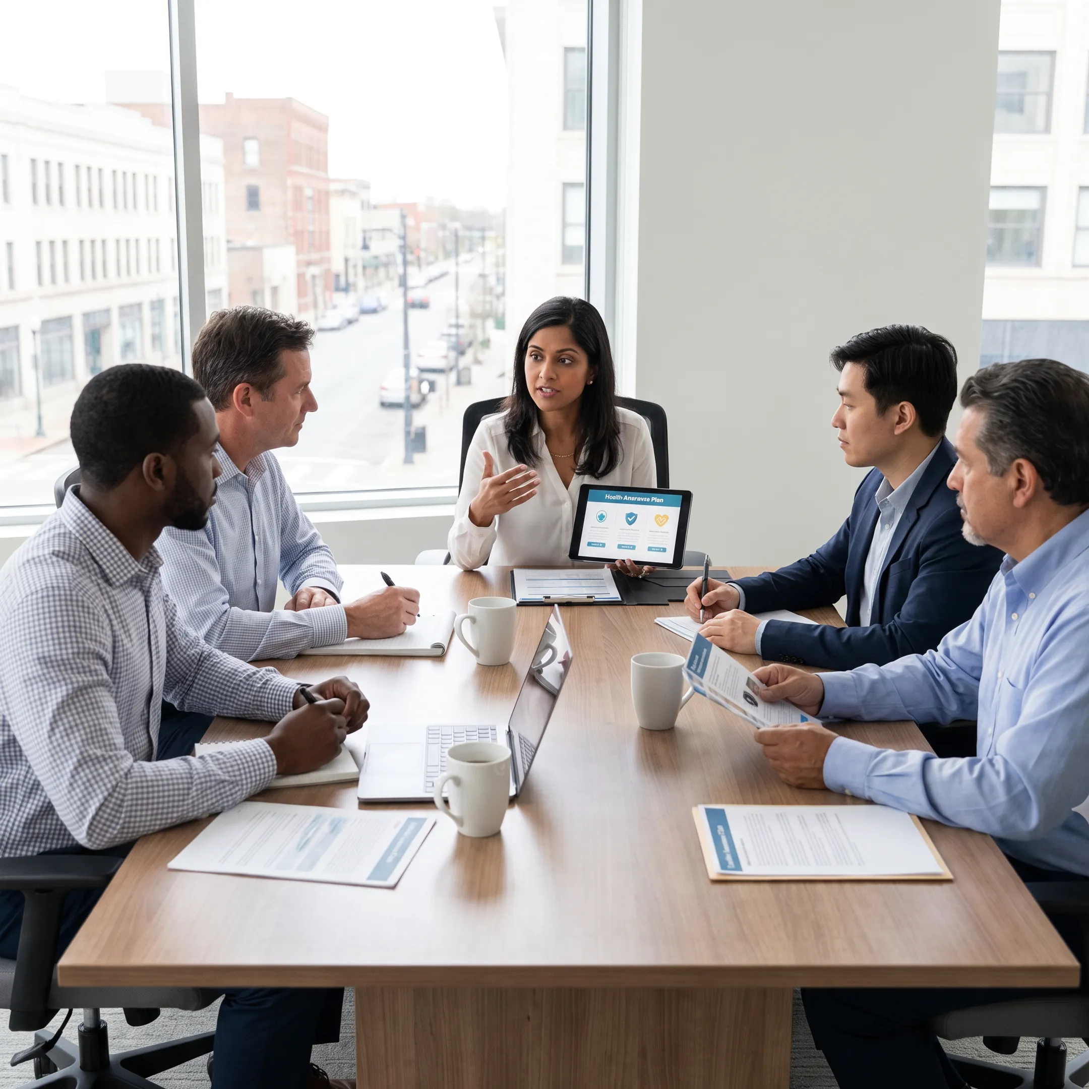 Health insurance agent presenting plan options on a clipboard to a client