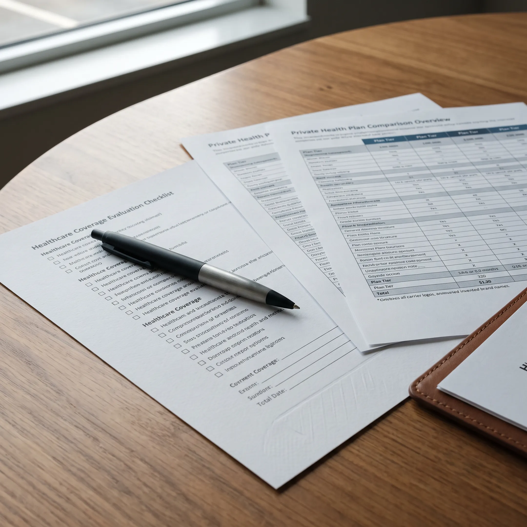 Checklist and medical plan documents laid out during a private insurance consultation