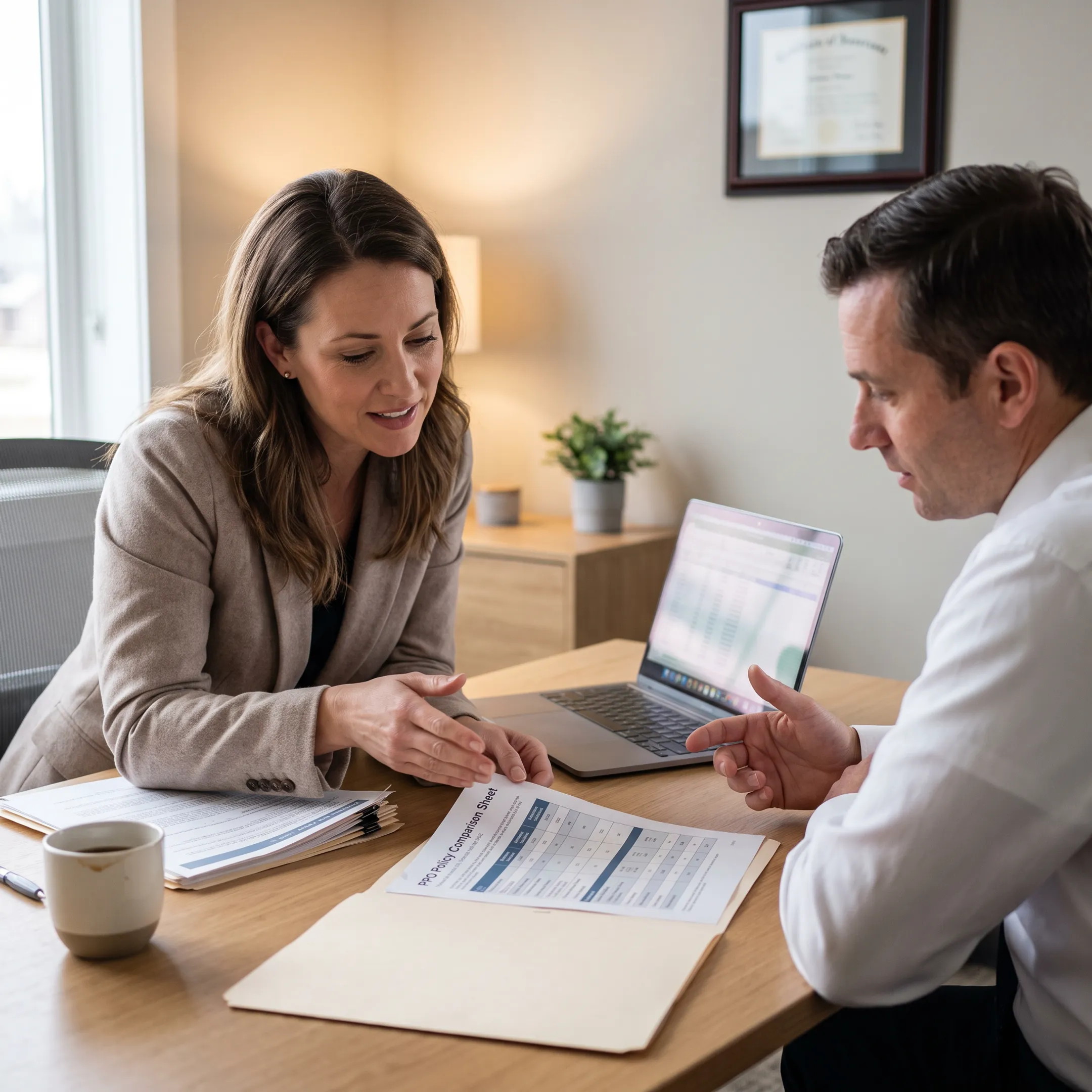 Independent health insurance advisor reviewing private PPO plan comparison charts with a client