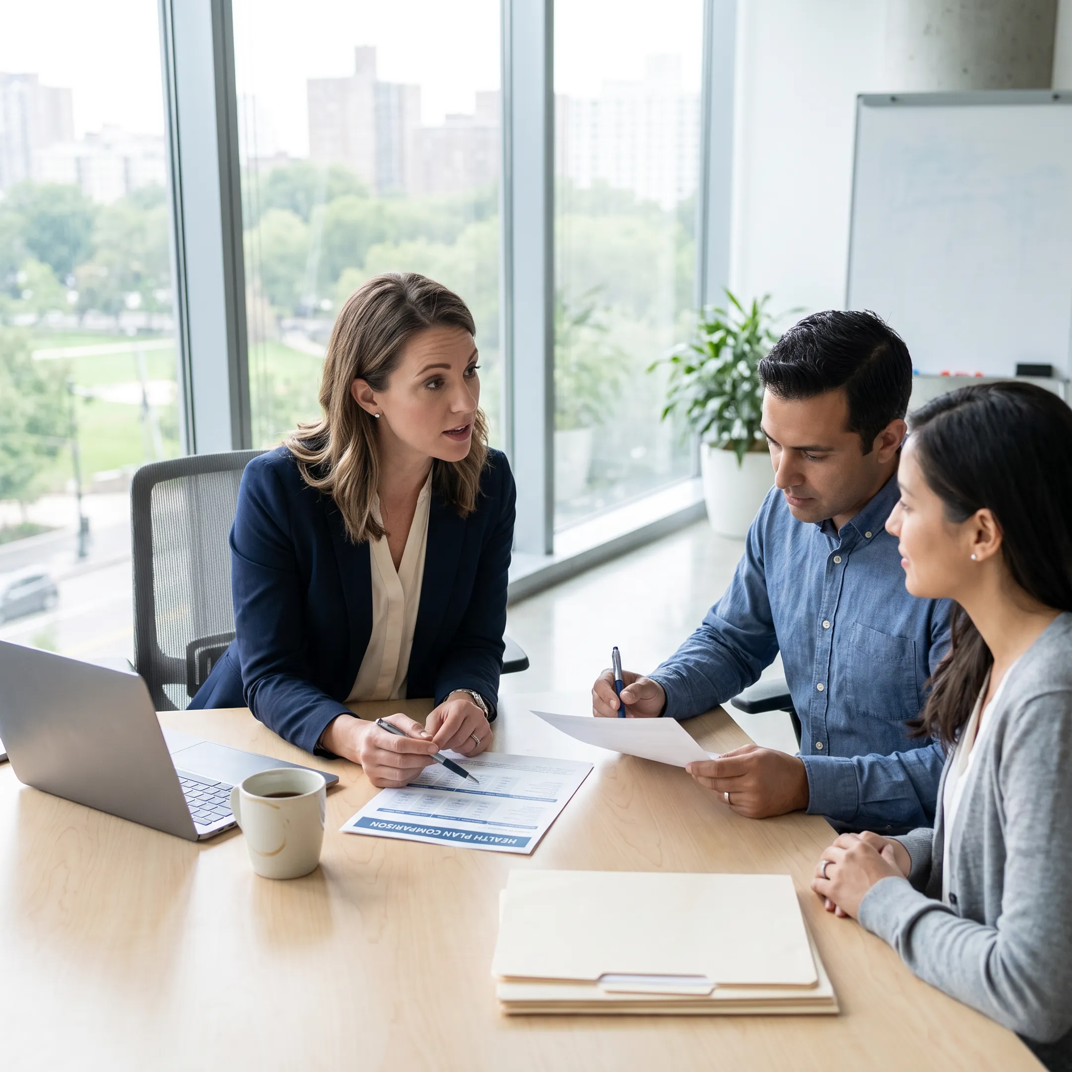 Business owner reviewing group medical insurance options with an advisor