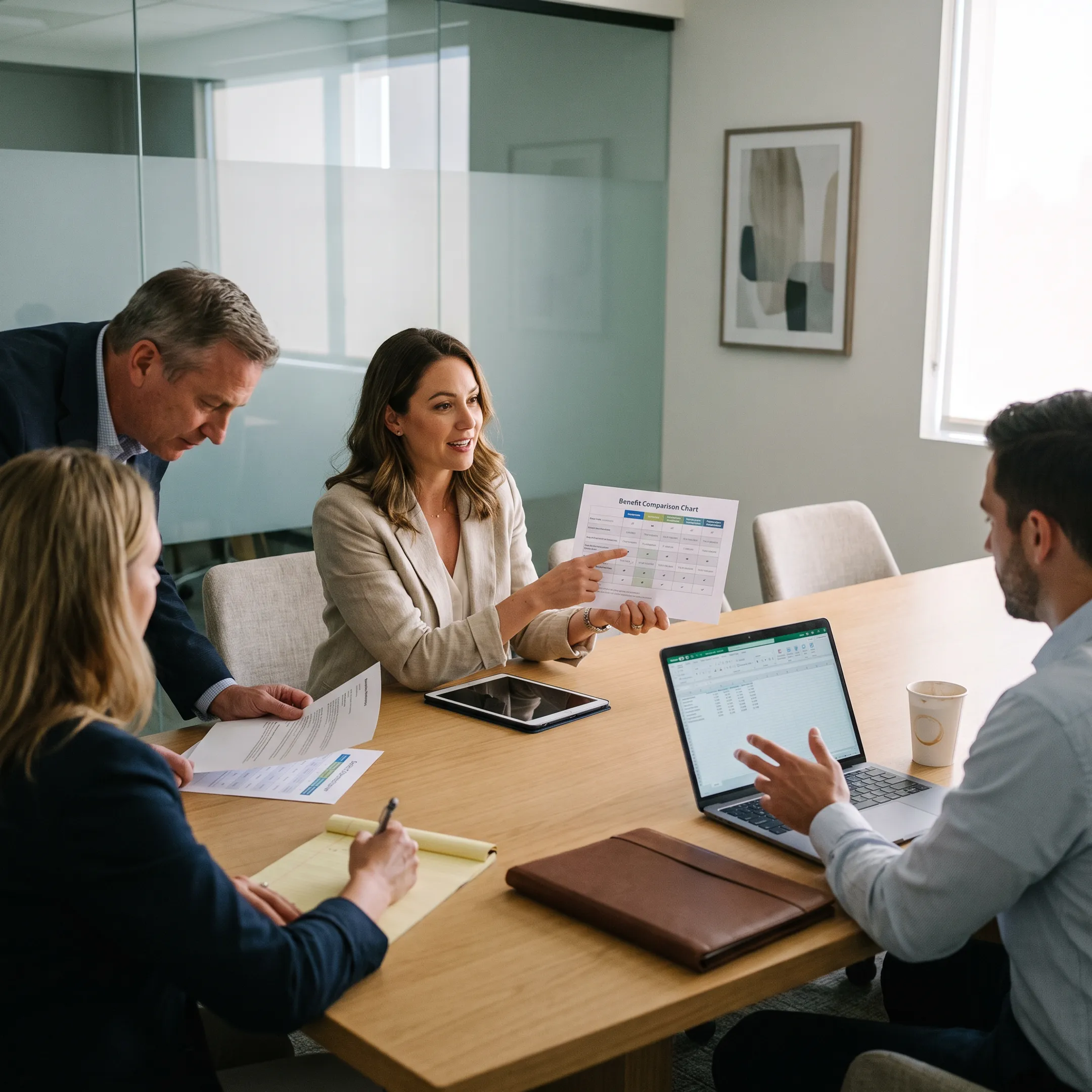 Business leaders reviewing employee medical insurance options with an independent broker