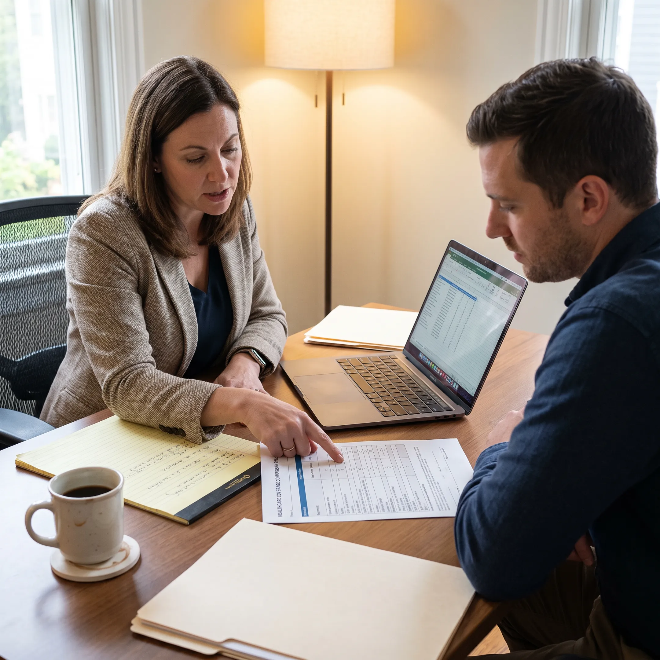 Independent health insurance broker reviewing plan coverage options on a laptop with a client