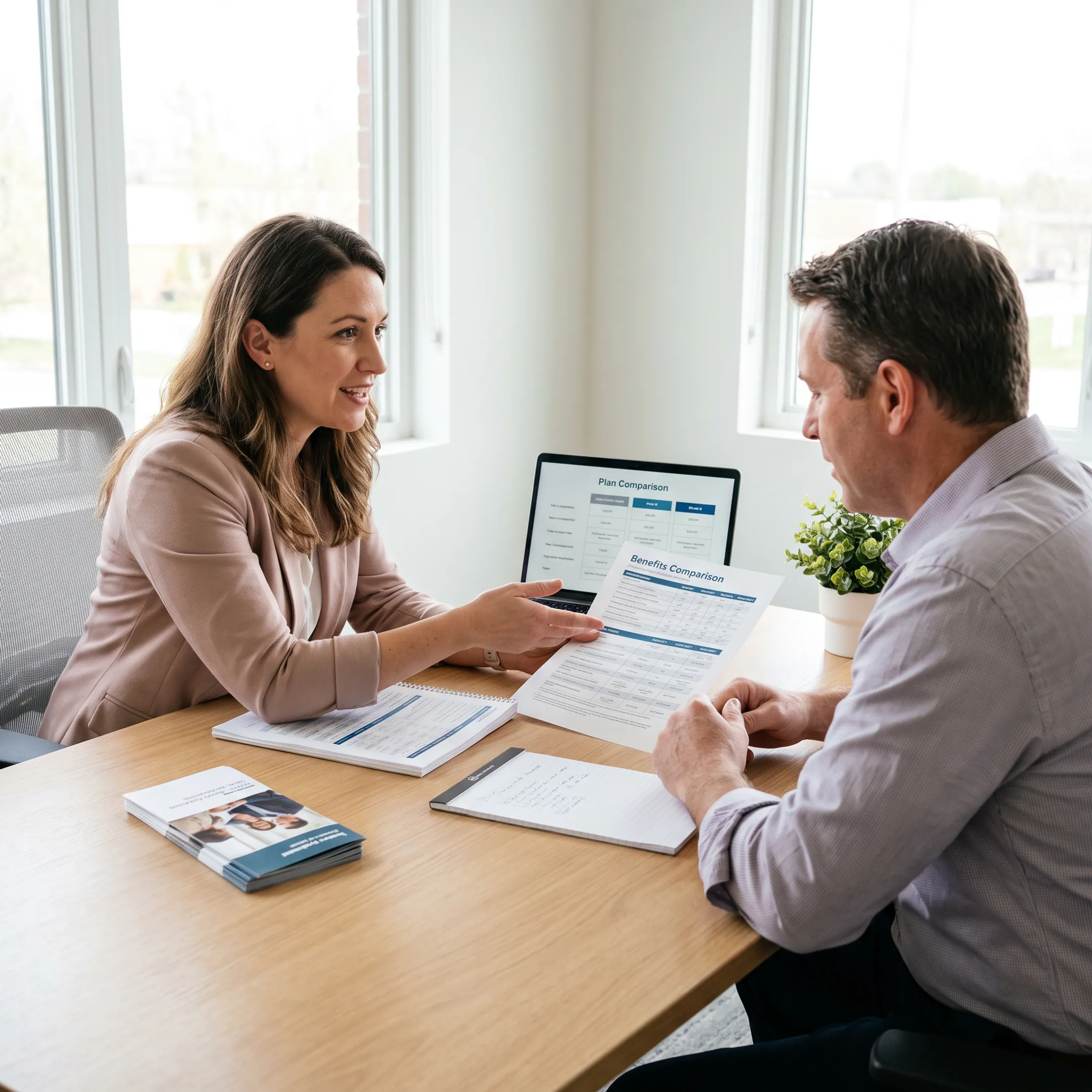 Independent health insurance broker reviewing affordable plan options with Austin business owners