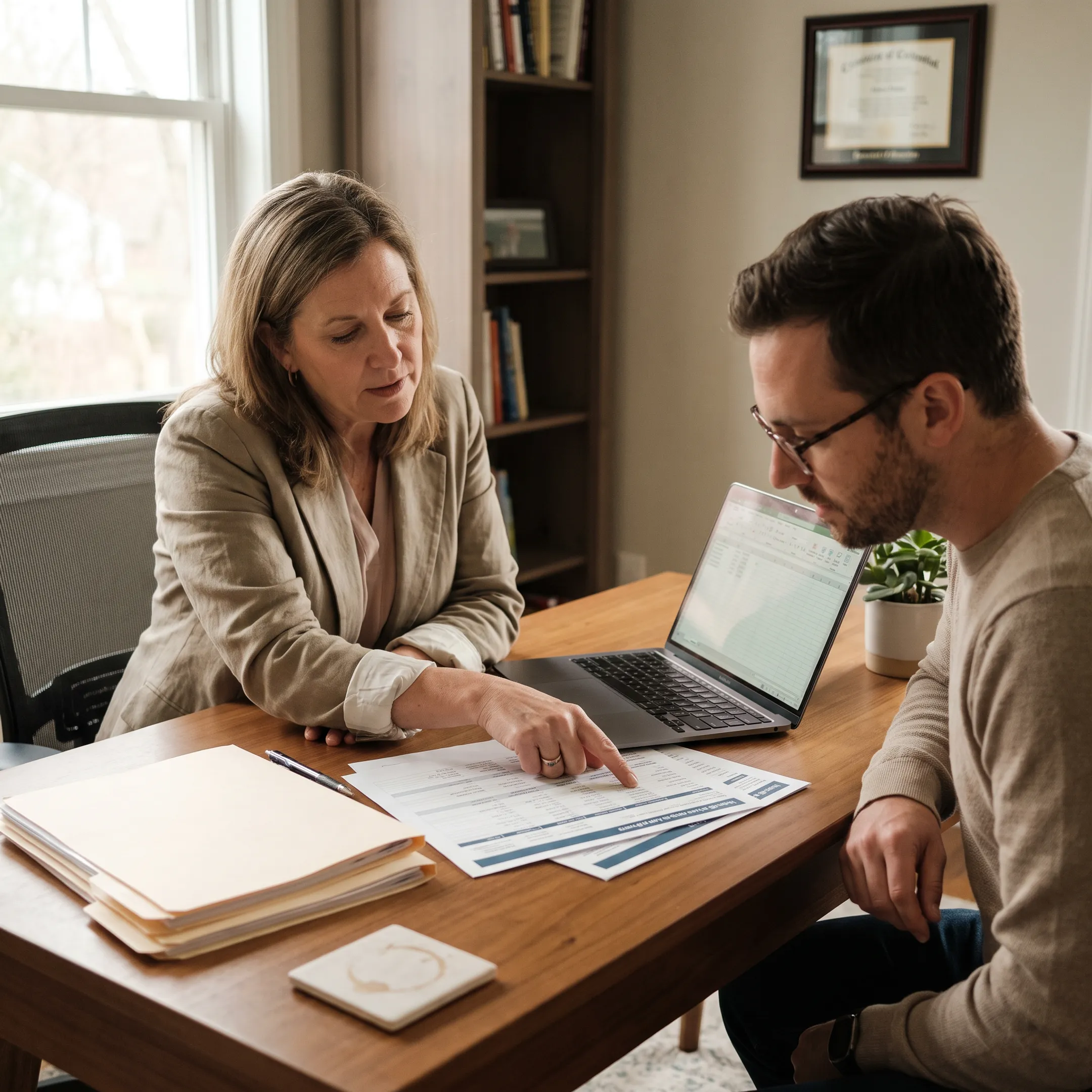 An insurance advisor reviewing health plan options with a client across a table