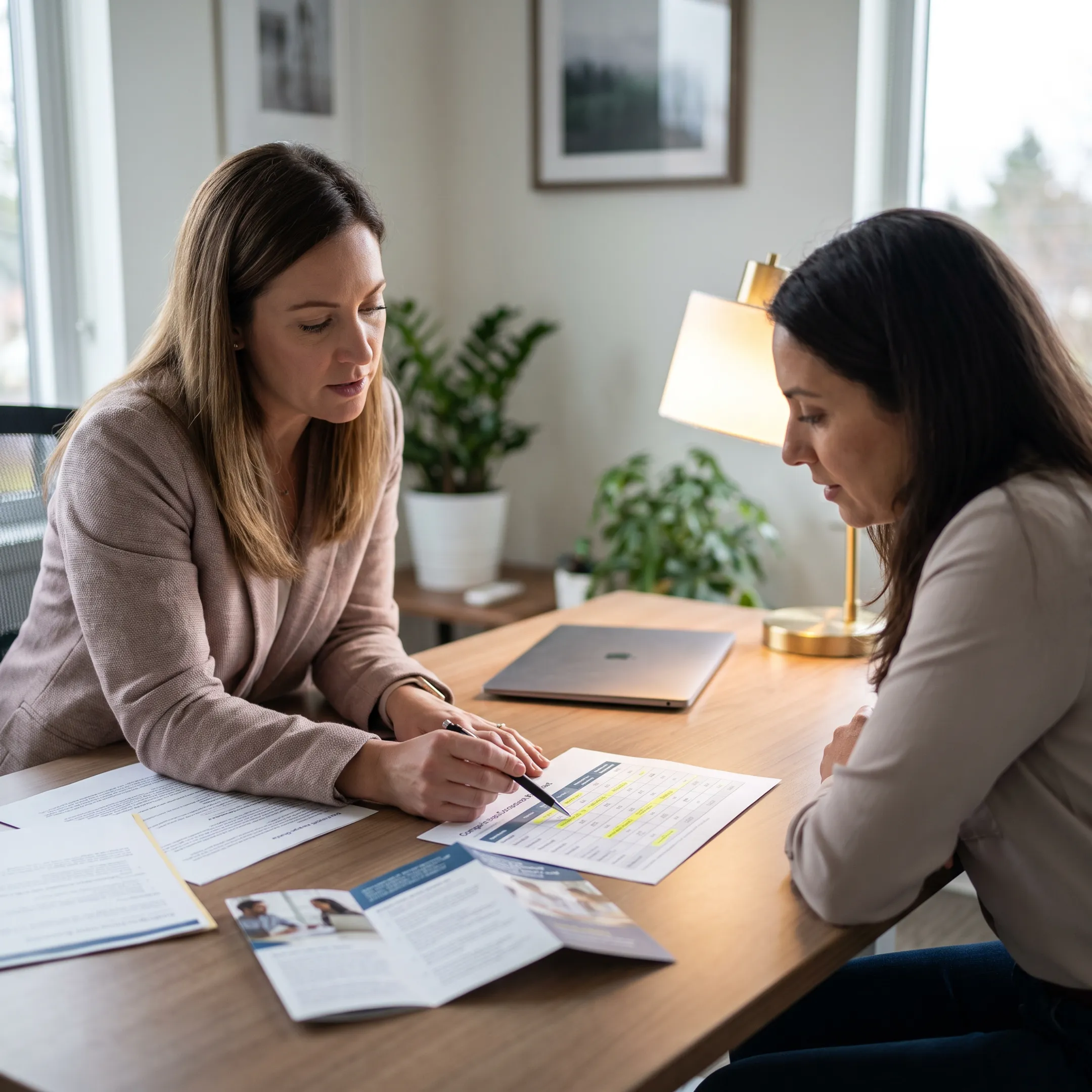 Licensed health insurance broker reviewing policy documents with a client during a consultation