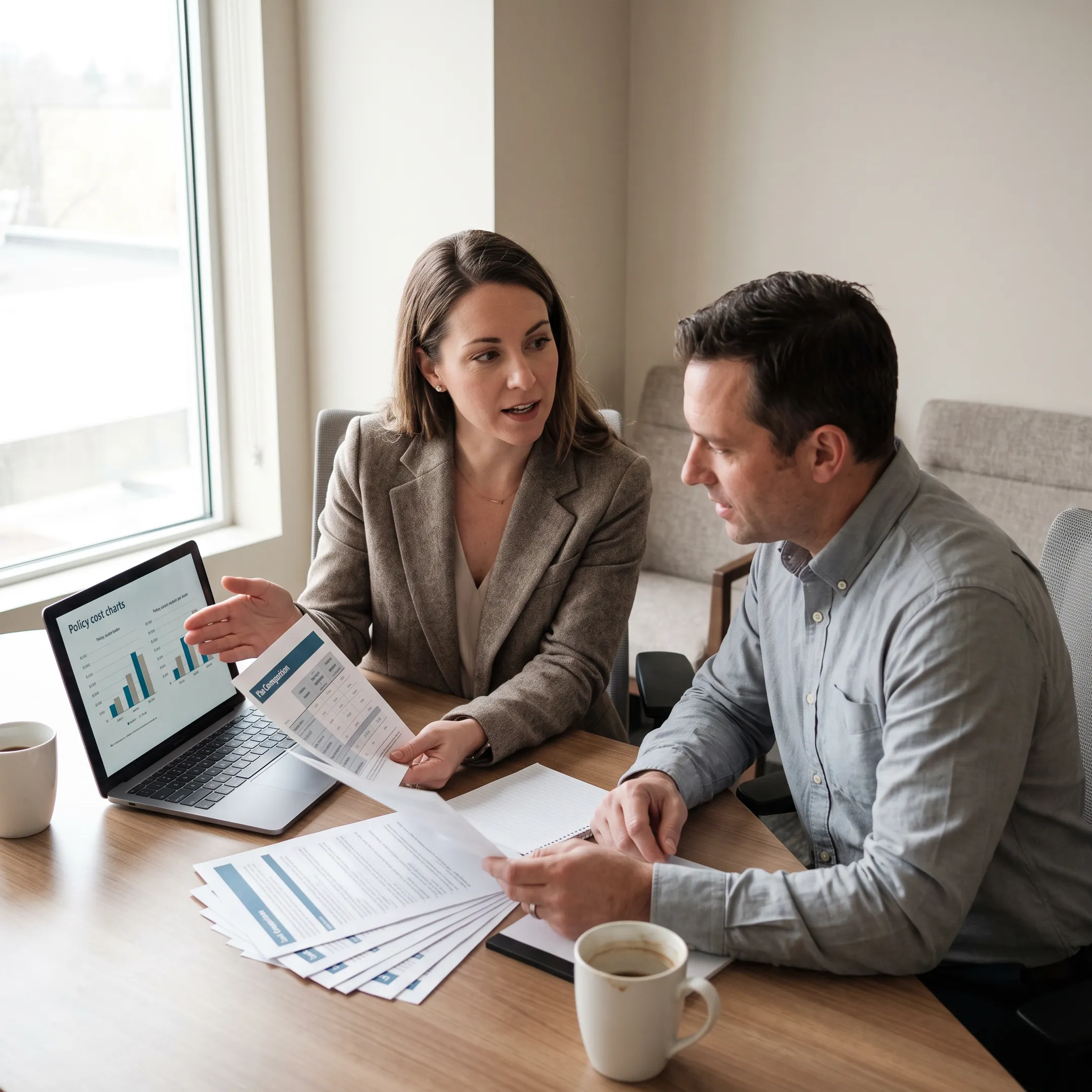 Insurance advisor reviewing policy options and cost sheets with a client