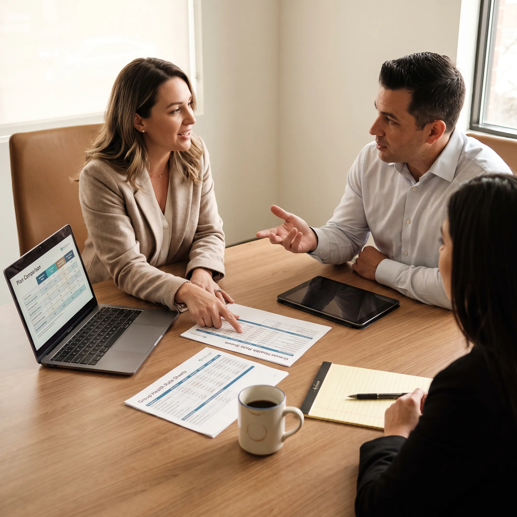 Group medical insurance broker explaining plan costs to small business owners