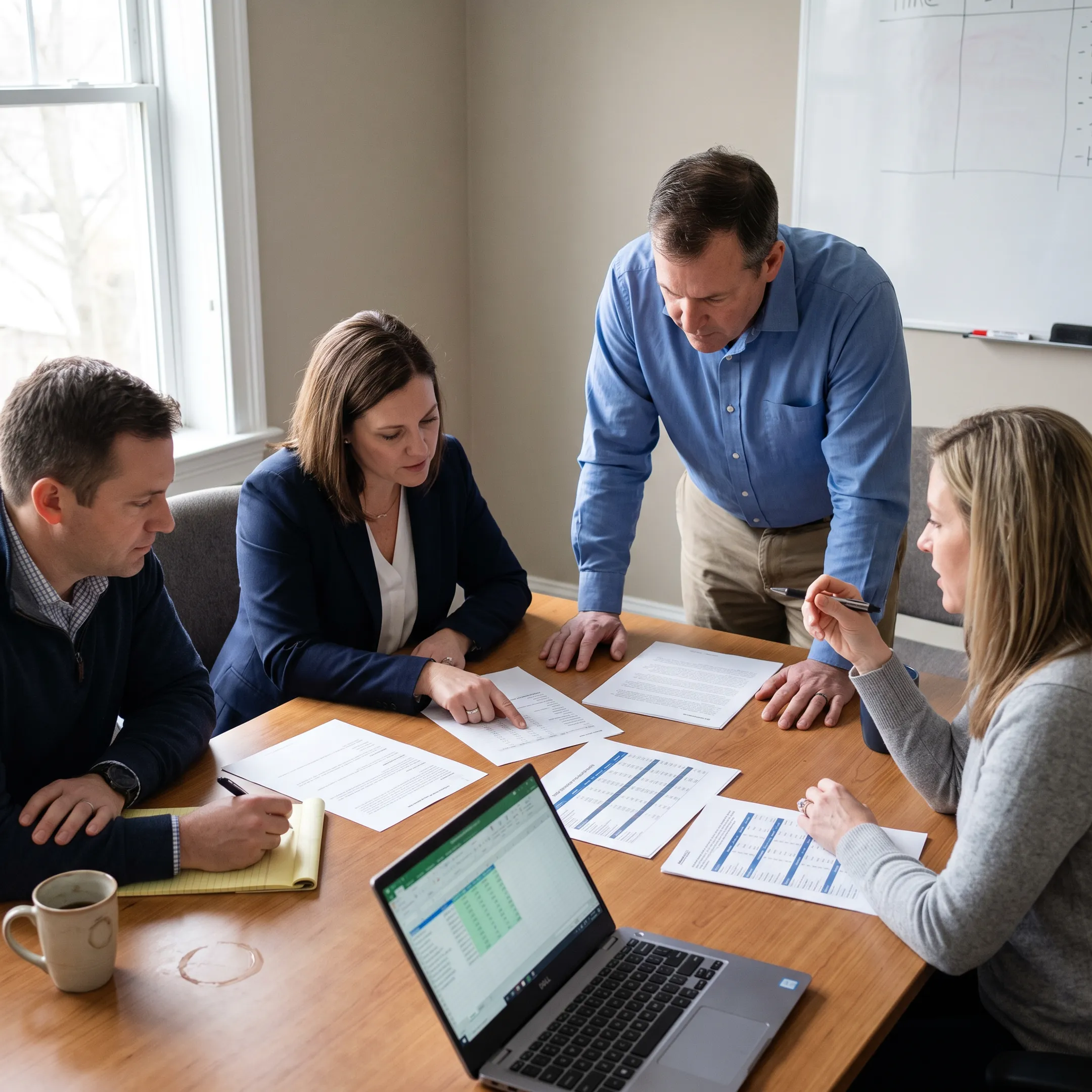 Business leaders reviewing employee health benefits options in an office setting
