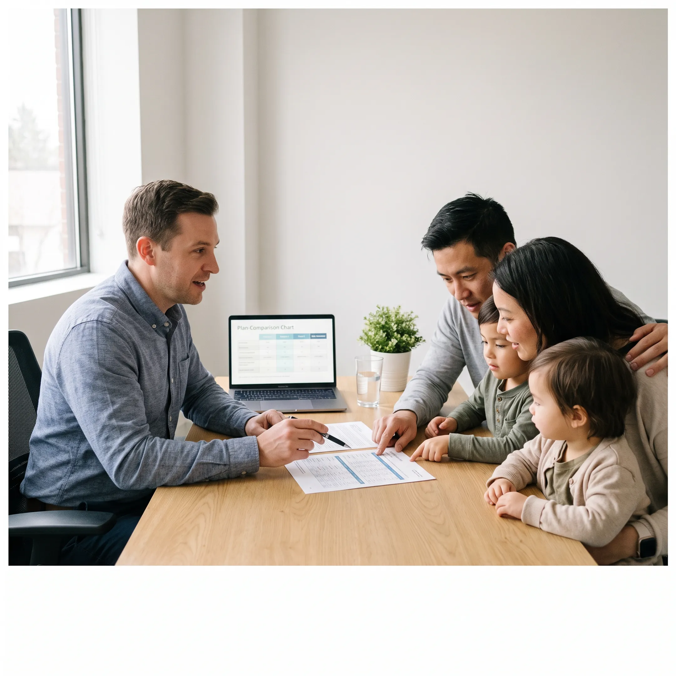 Family reviewing health insurance options with an advisor at a desk